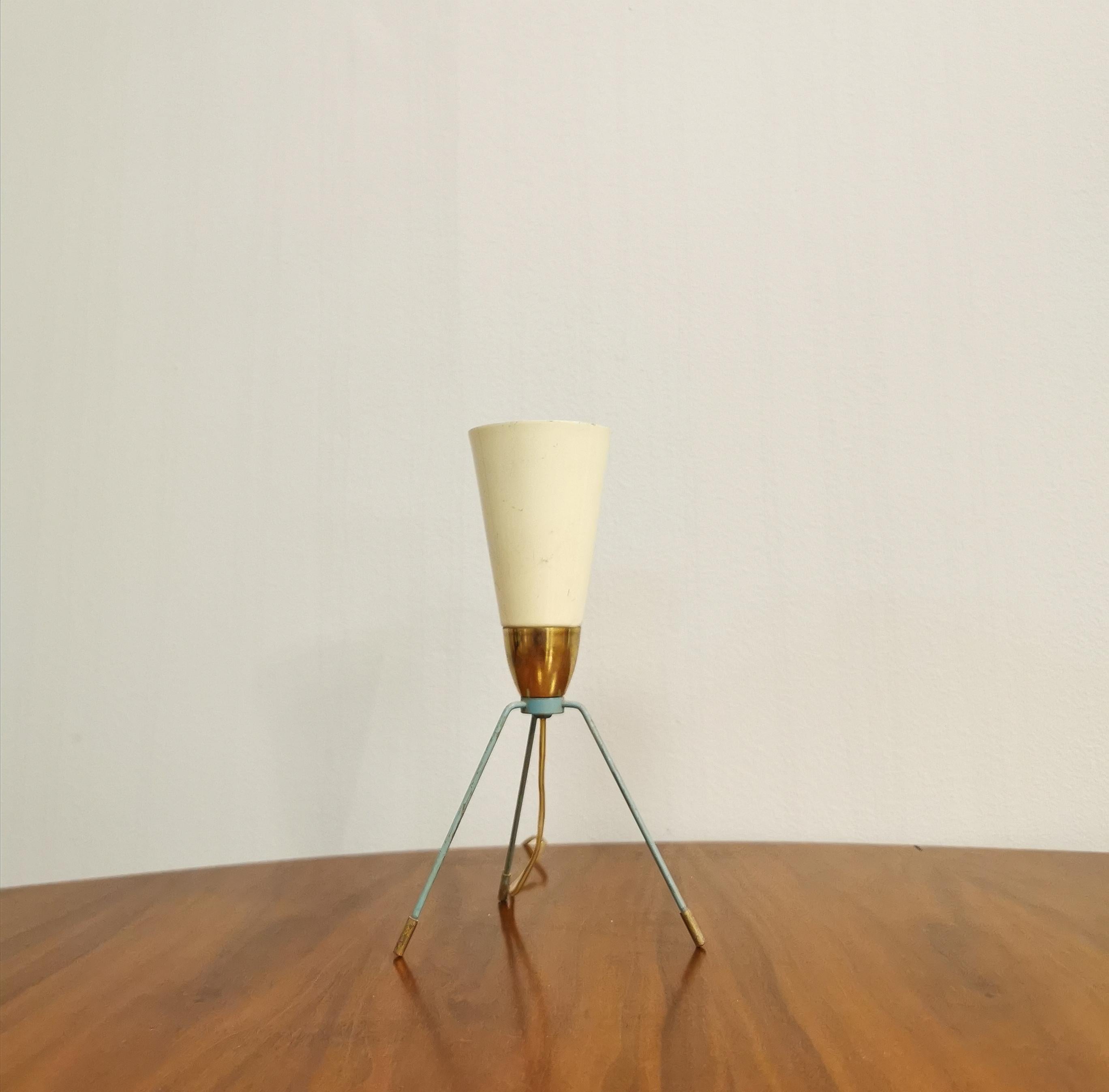20th Century Midcentury Table Lamp Brass Enamelled Light Blue Aluminum Conical Tripod Italy