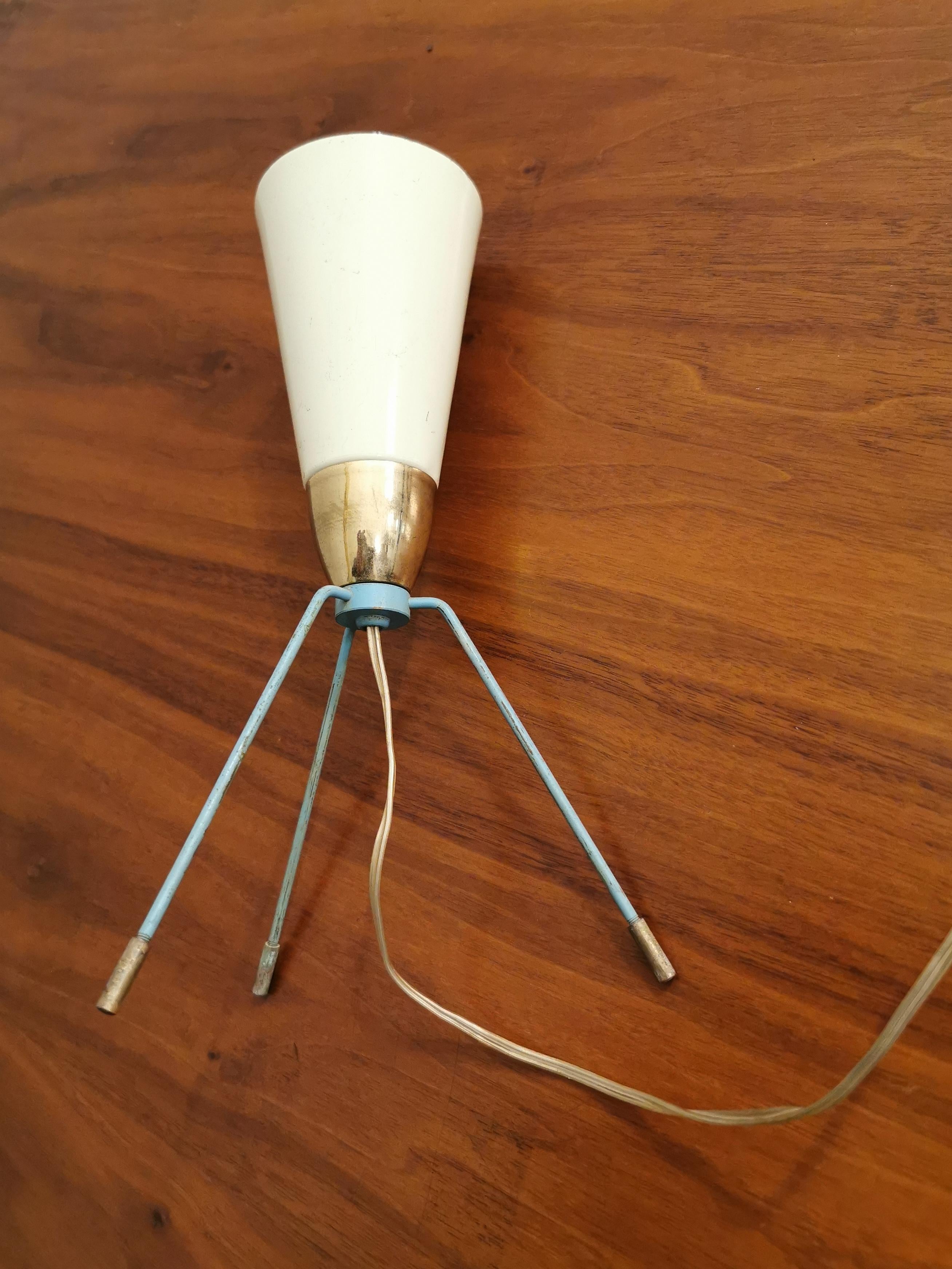 Midcentury Table Lamp Brass Enamelled Light Blue Aluminum Conical Tripod Italy 2