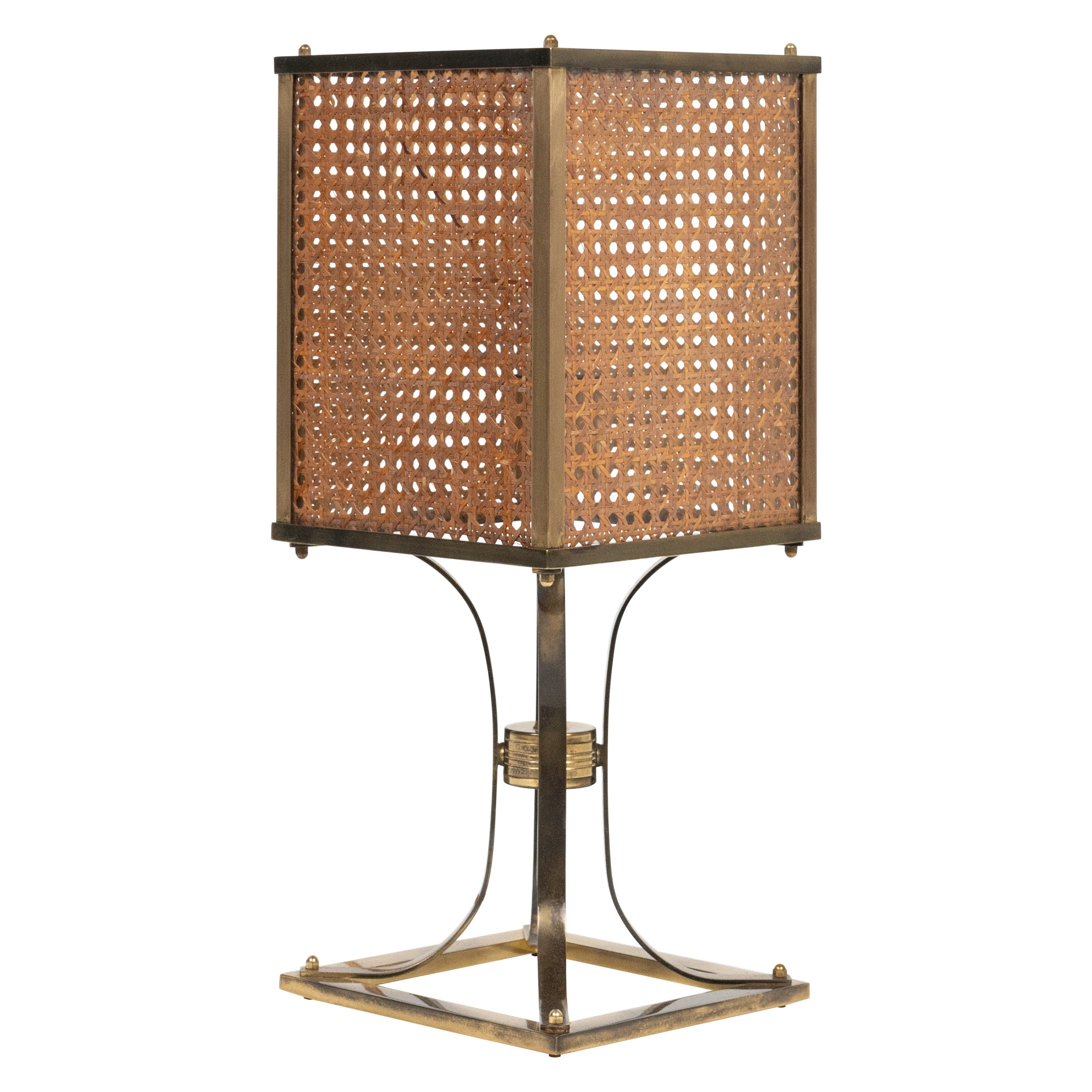 Midcentury Table Lamp Brass, Glass and Wicker Romeo Rega Style, Italy 1970s