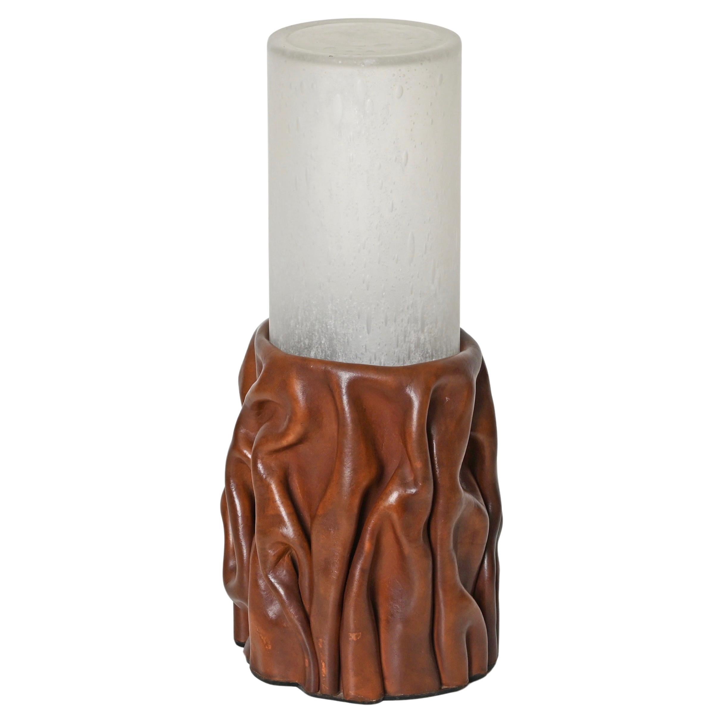Midcentury Table Lamp Brown Leather and Murano Glass by Nova Tecno, Italy 1970s