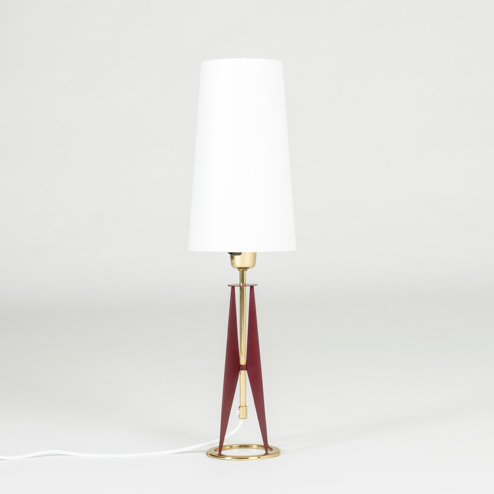Cool table lamp by Svend Aage Holm Sørensen, made from brass and metal in a graphic design, lacquered red.