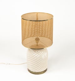 Midcentury Table Lamp Ceramic, Brass and Wicker by Tommaso Barbi, Italy 1970s