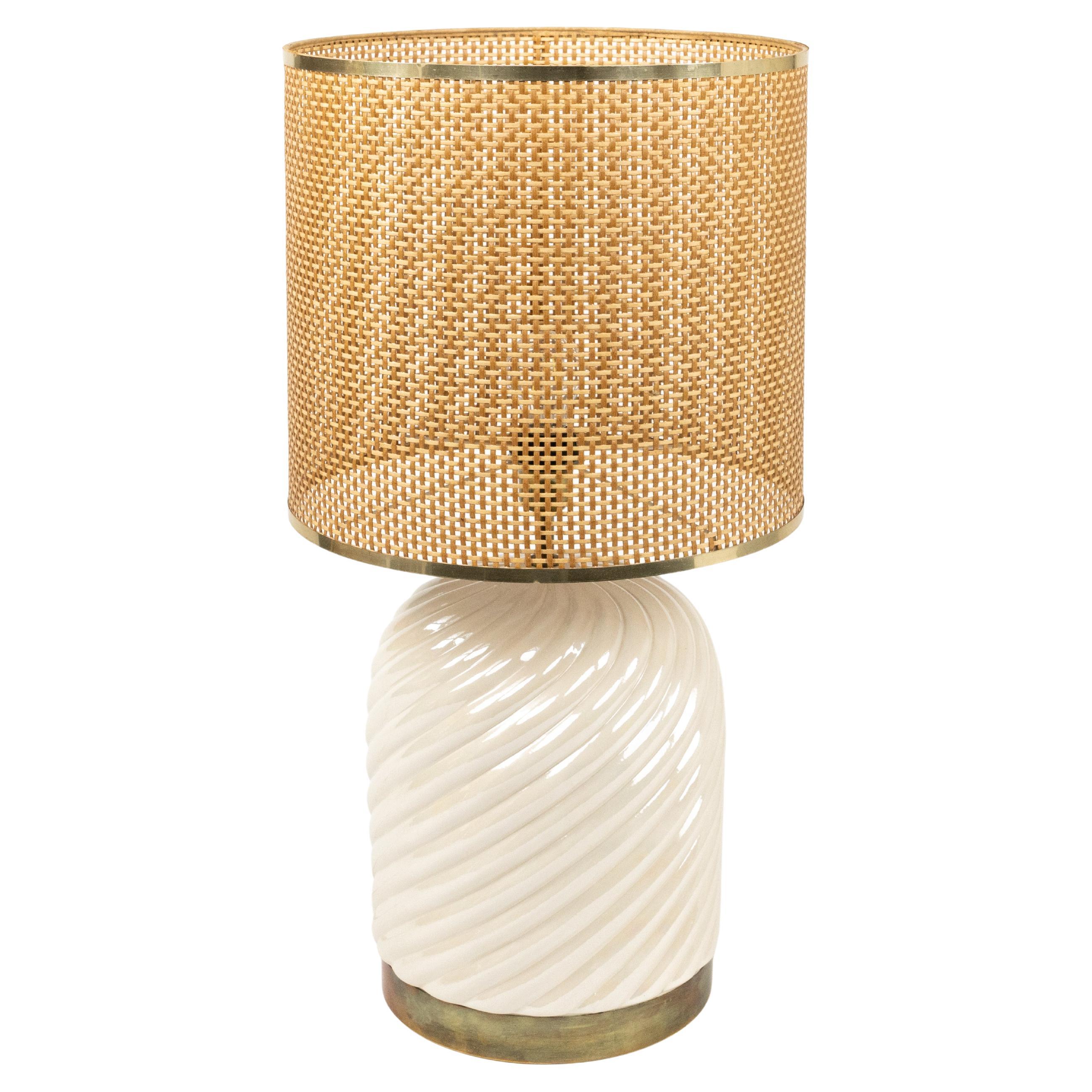 Midcentury Table Lamp Ceramic, Brass and Wicker by Tommaso Barbi, Italy 1970s
