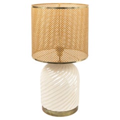 Midcentury Table Lamp Ceramic, Brass and Wicker by Tommaso Barbi, Italy 1970s
