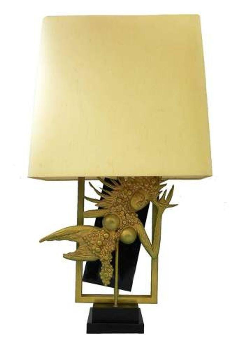 French Midcentury Table Lamp, circa 1970 Black Gold Gilt Metal and Lucite Goddess Diety