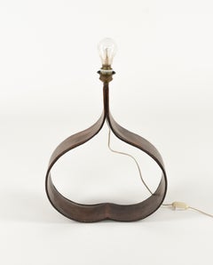 Midcentury Table Lamp Curved Brown Leather Jacques Adnet Style, Italy 1970s