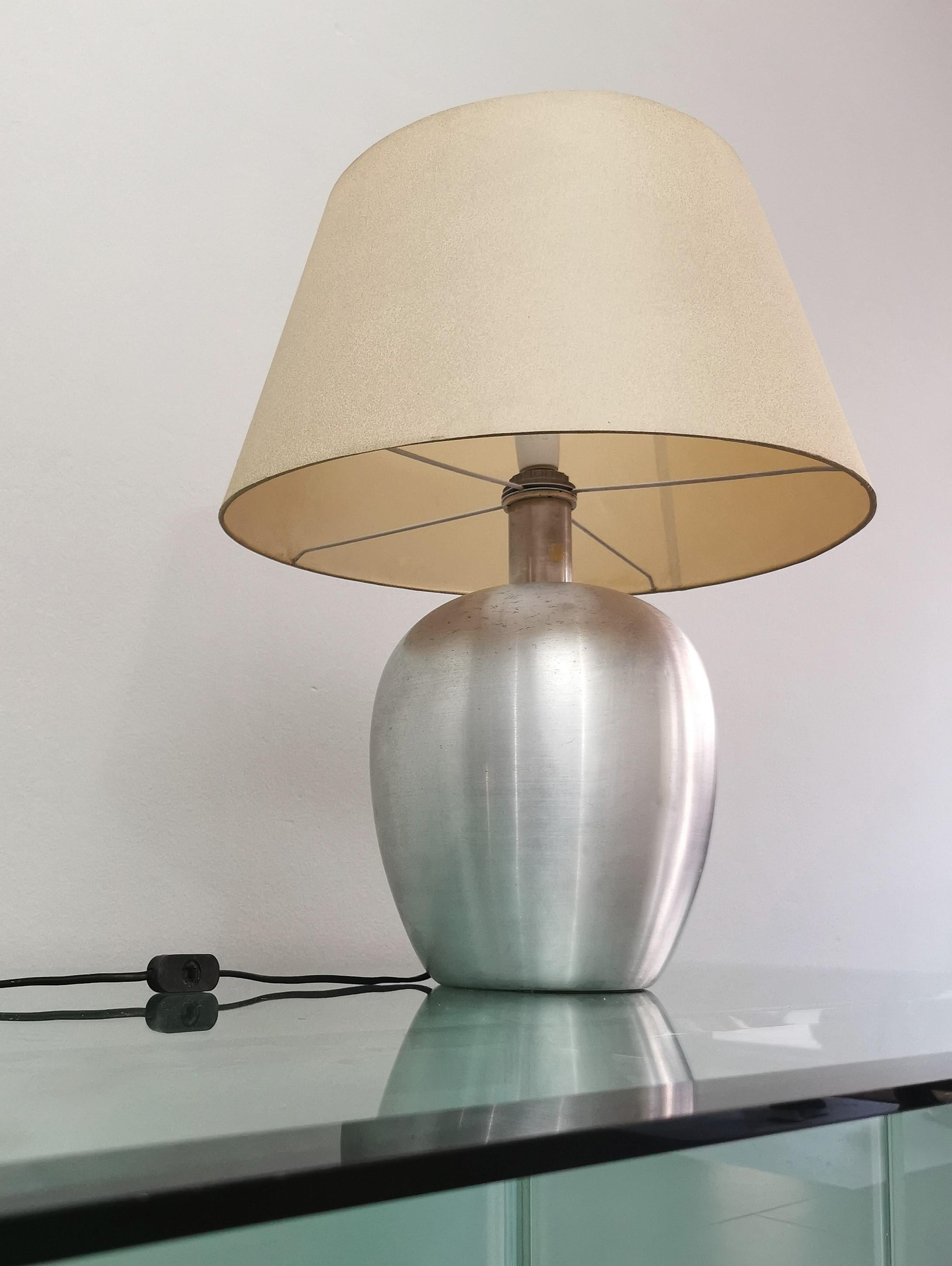 Midcentury Table lamp Fabric Brushed Aluminum Italian Design 1970s In Good Condition For Sale In Palermo, IT