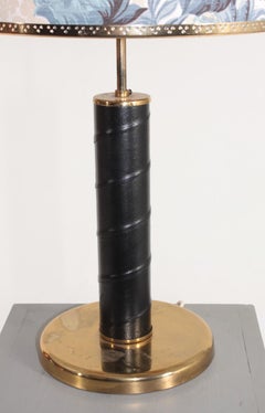 Midcentury Table Lamp in Brass and Patinated Leather, Made in Sweden
