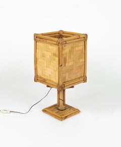 Midcentury Table Lamp in Rattan and Bamboo Vivai Del Sud Style, Italy 1970s