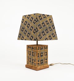 Midcentury Table Lamp in Rattan, Fabric and Brass by Vivai Del Sud, Italy 1970s