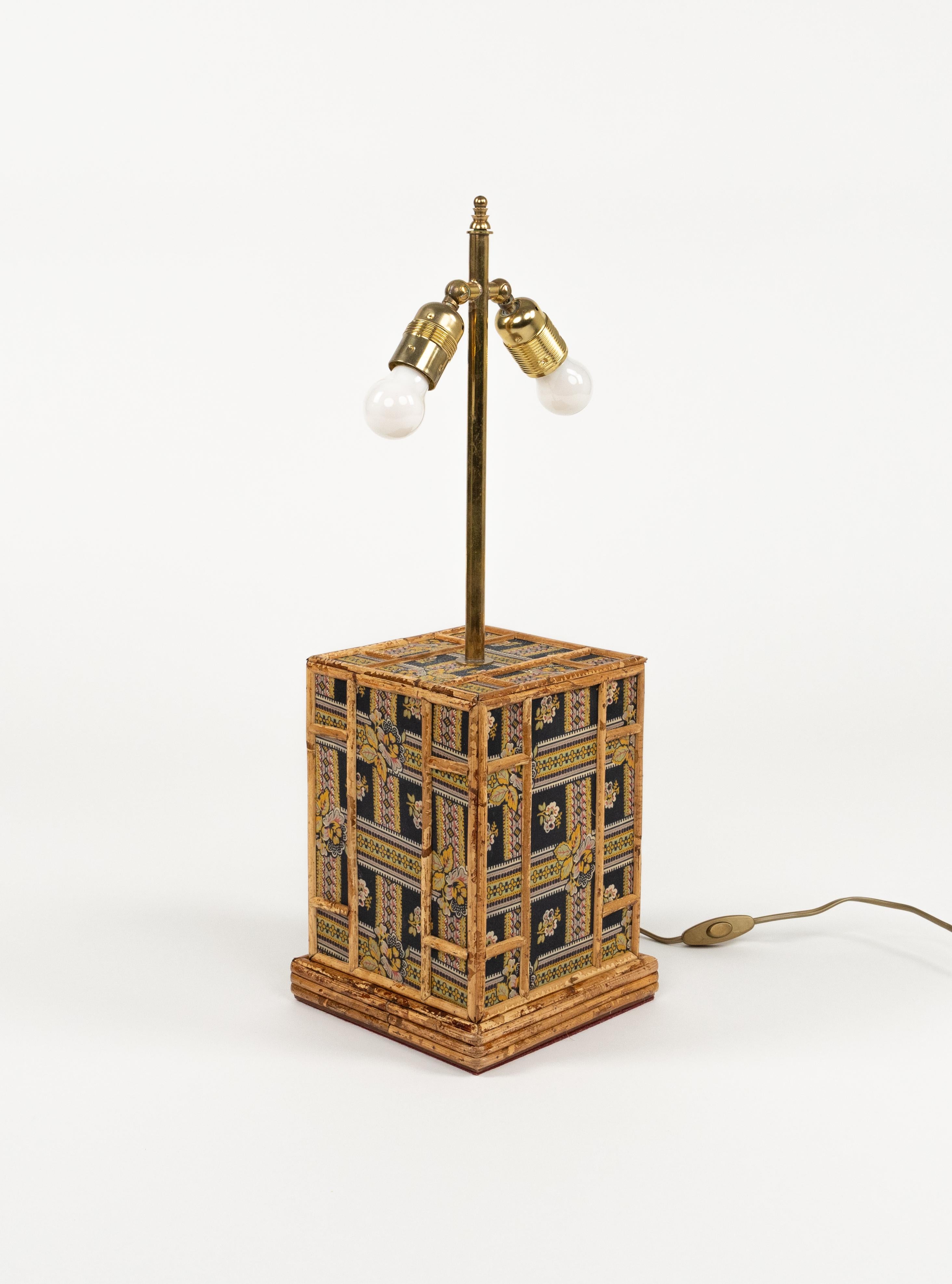 Mid-Century-Tischlampe aus Rattan, Stoff und Messing von Vivai Del Sud, Italien 1970er Jahre (Ende des 20. Jahrhunderts) im Angebot