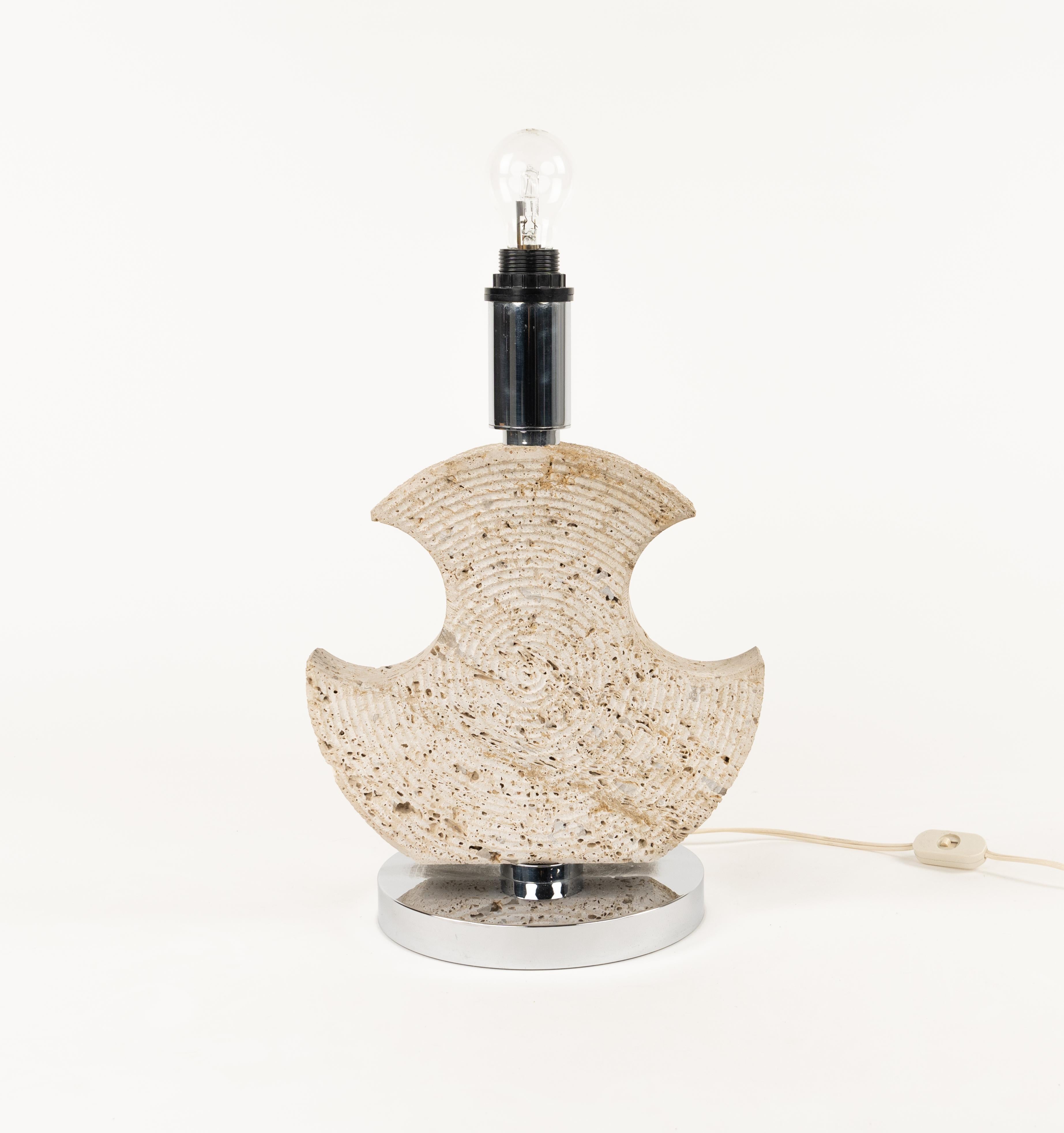 Midcentury Table Lamp in Travertine and Chrome by Studio CE. VA. Italy 1970s For Sale 3