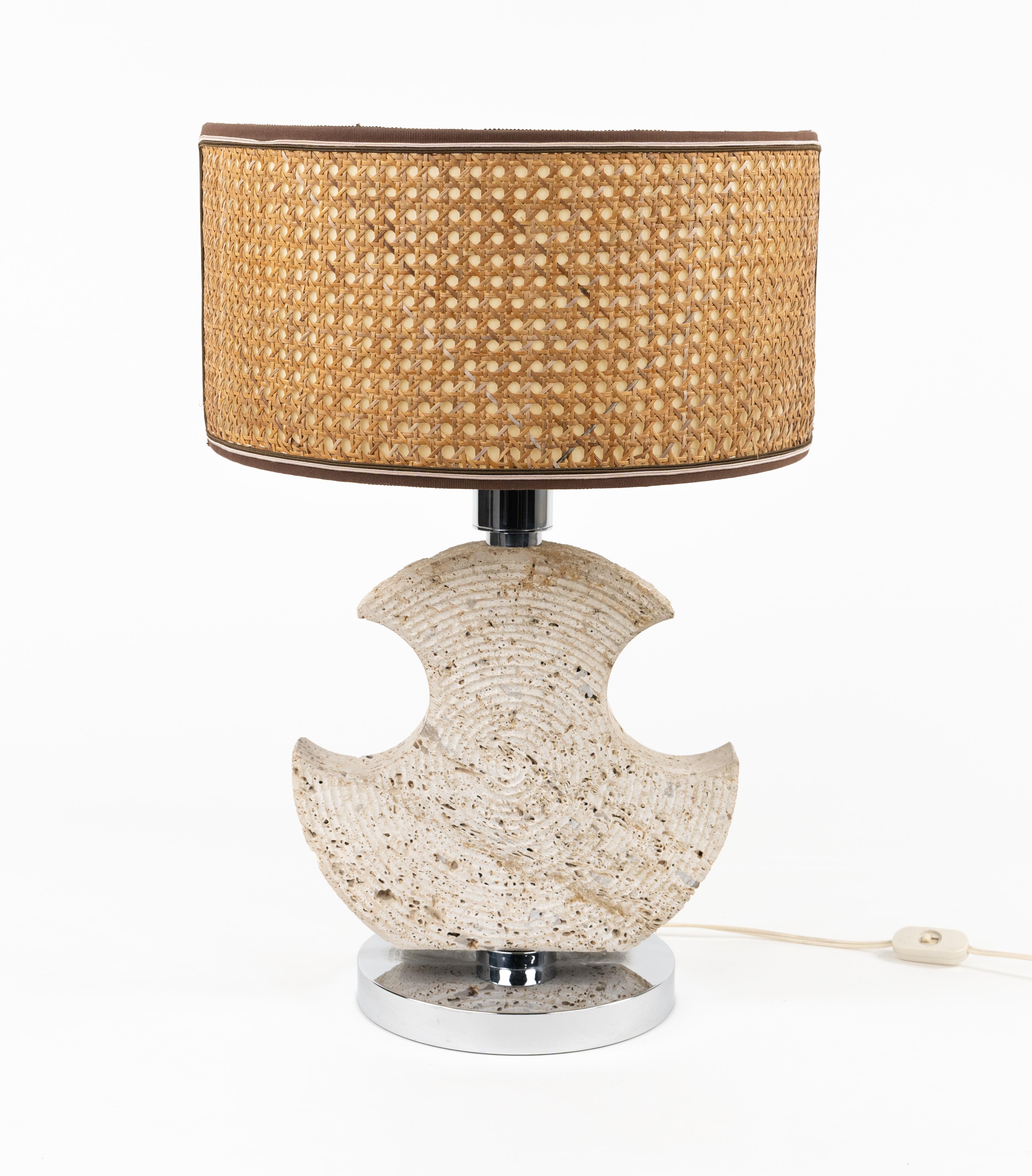 Midcentury amazing table lamp in travertine and chrome whit wicker and fabric  lampshade by Studio CE. VA Milan.

Made in Italy in the 1970s.

A beautiful lamp that is perfectly working but most of all, it provides an amazing visual impact in every