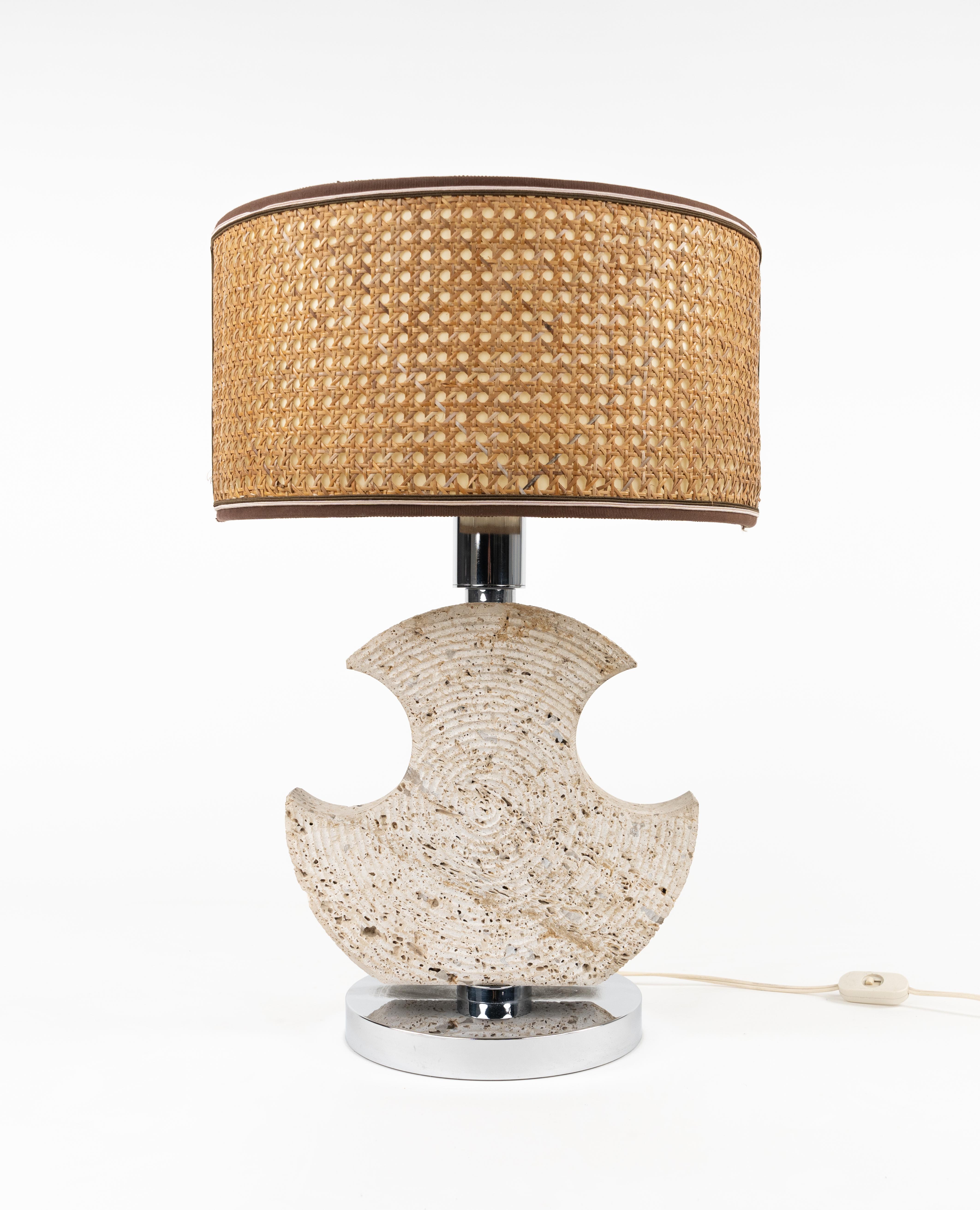 Mid-Century Modern Midcentury Table Lamp in Travertine and Chrome by Studio CE. VA. Italy 1970s For Sale