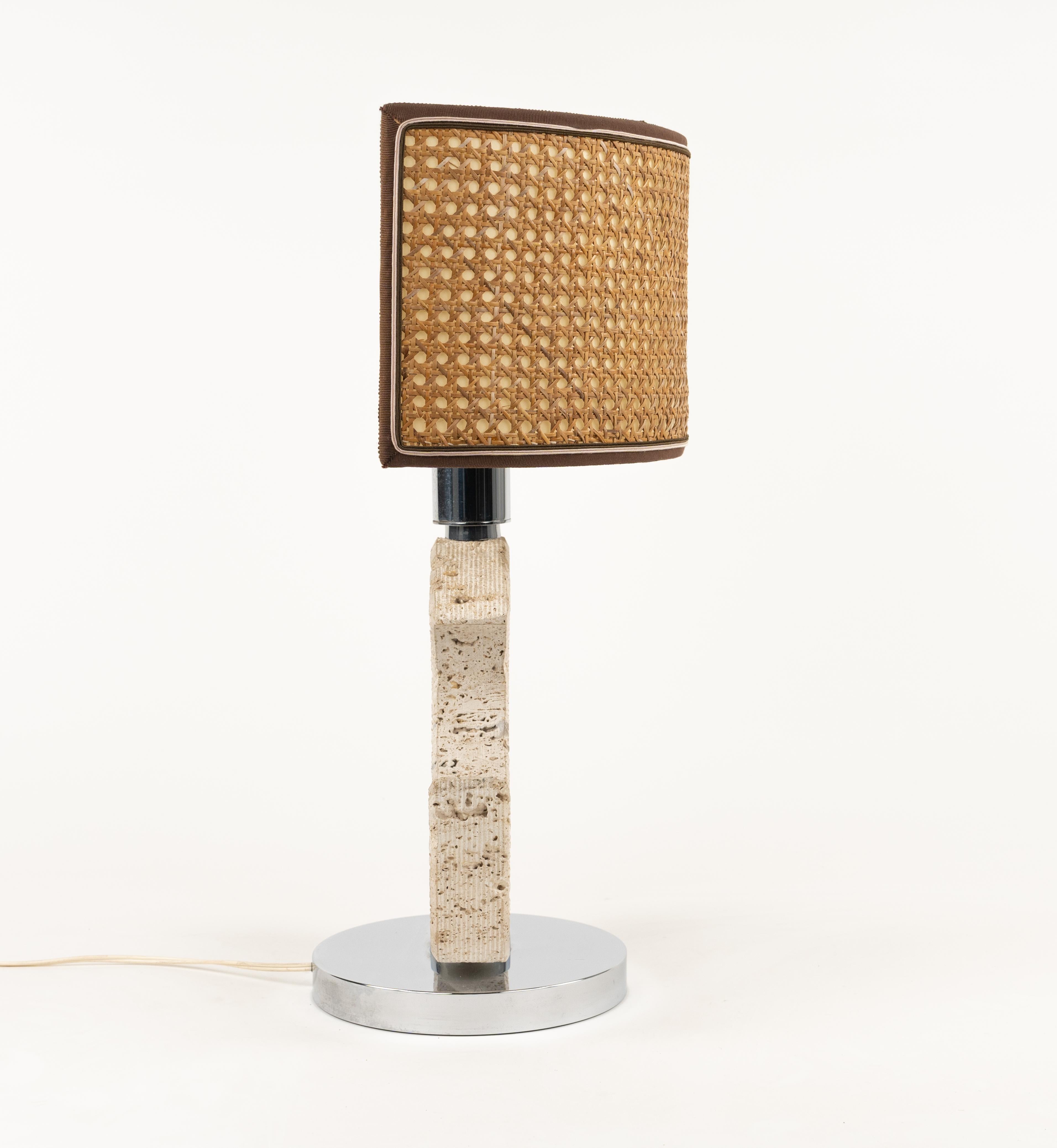 Italian Midcentury Table Lamp in Travertine and Chrome by Studio CE. VA. Italy 1970s For Sale