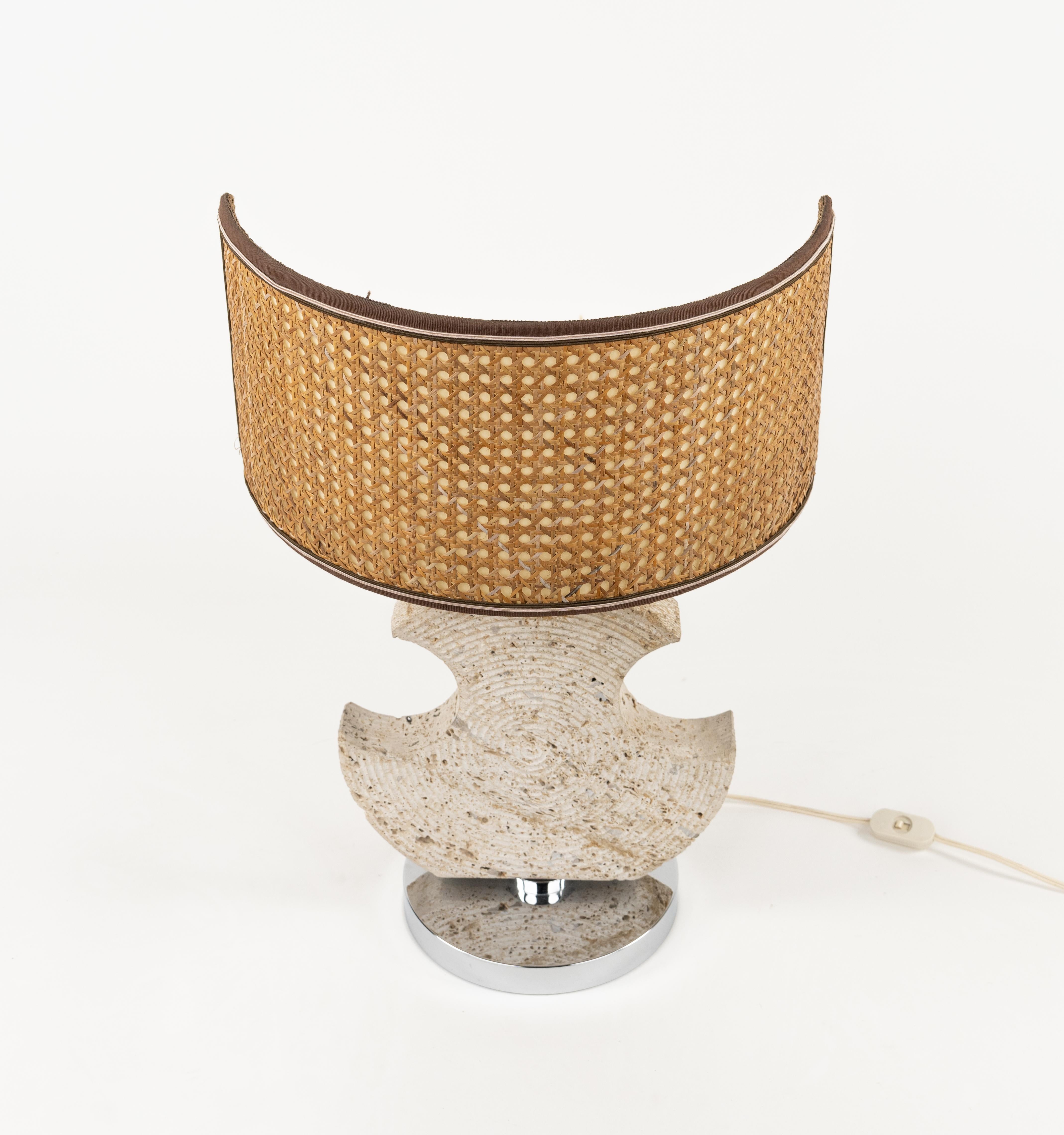 Midcentury Table Lamp in Travertine and Chrome by Studio CE. VA. Italy 1970s In Good Condition For Sale In Rome, IT