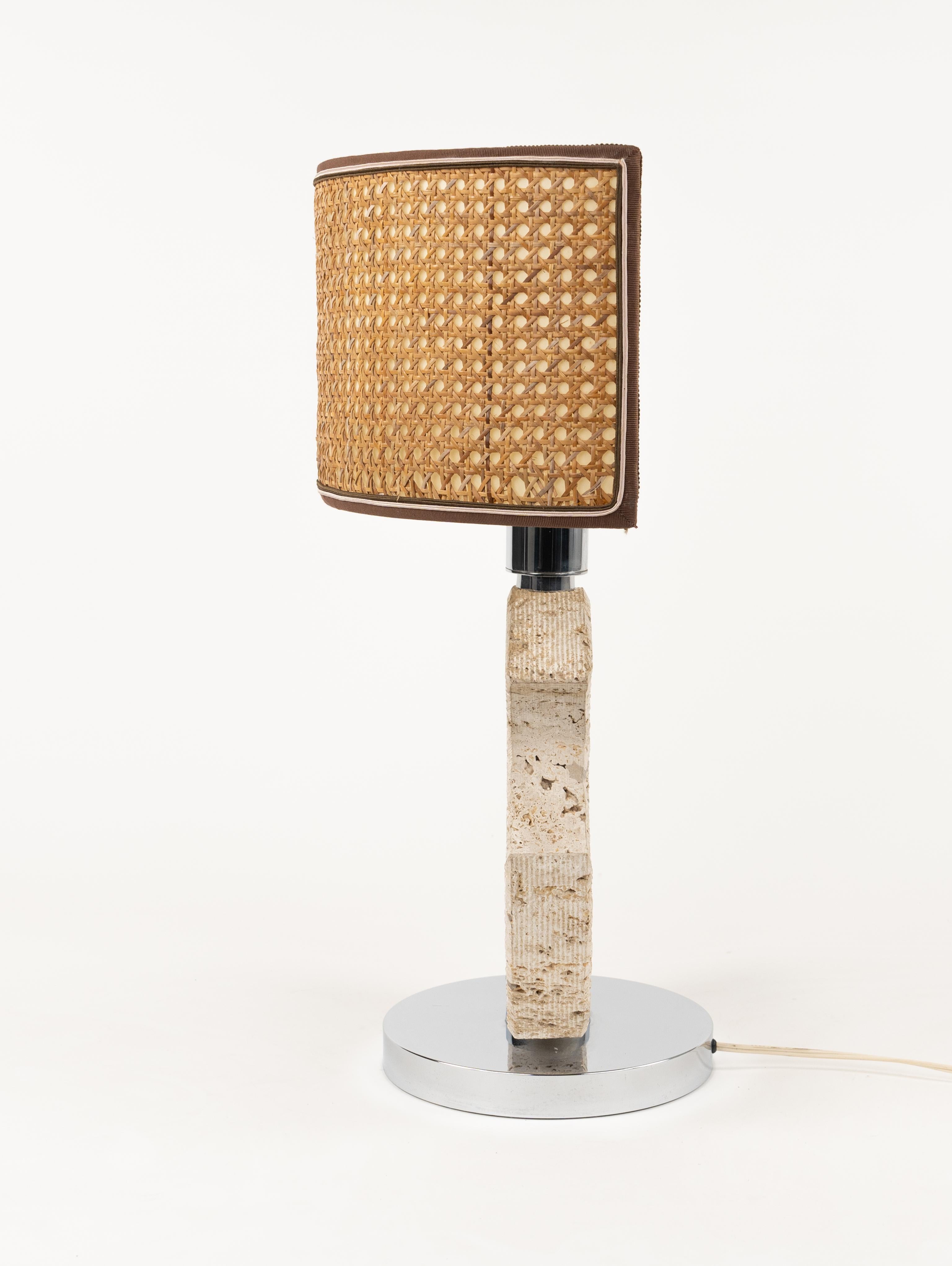 Late 20th Century Midcentury Table Lamp in Travertine and Chrome by Studio CE. VA. Italy 1970s For Sale