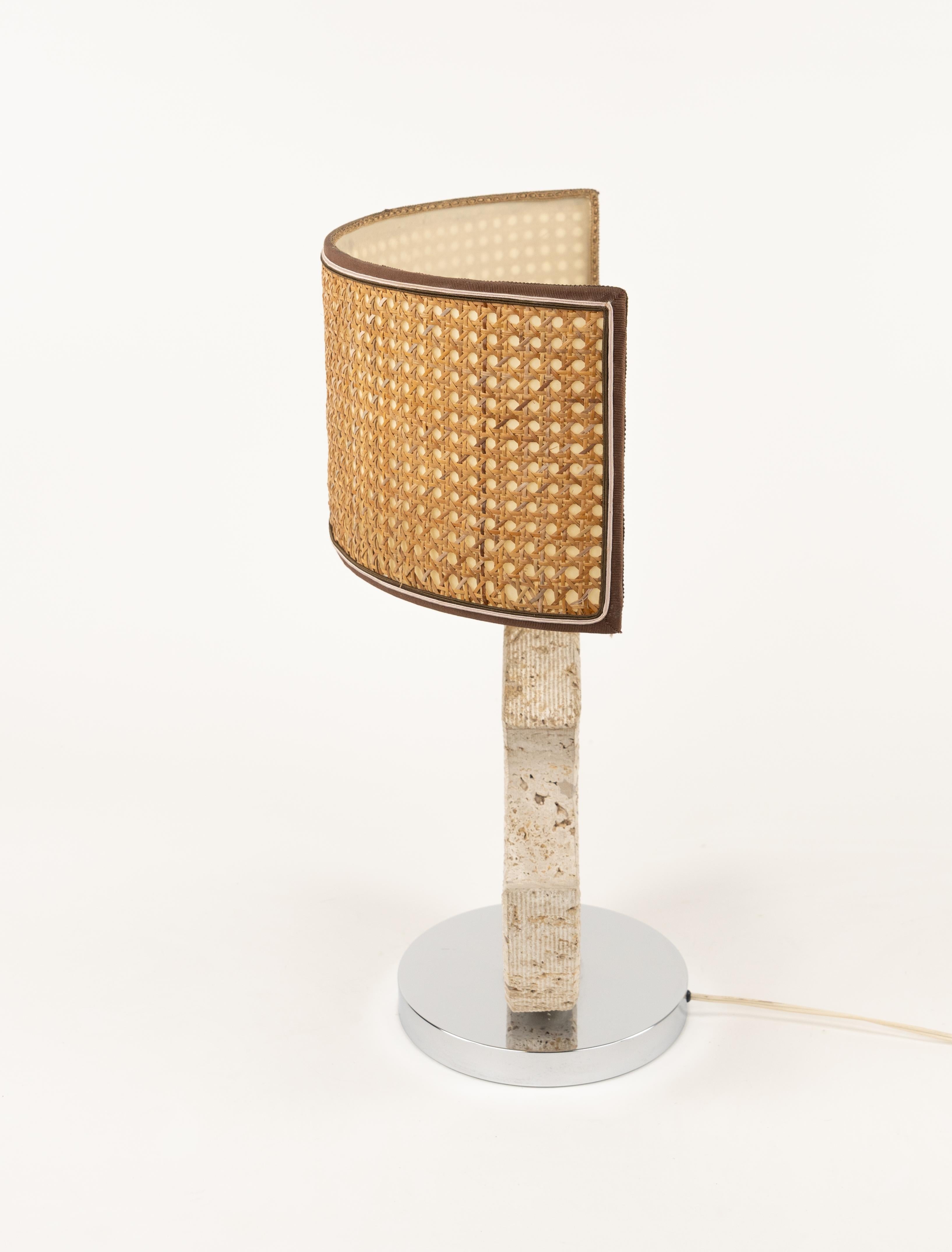 Metal Midcentury Table Lamp in Travertine and Chrome by Studio CE. VA. Italy 1970s For Sale