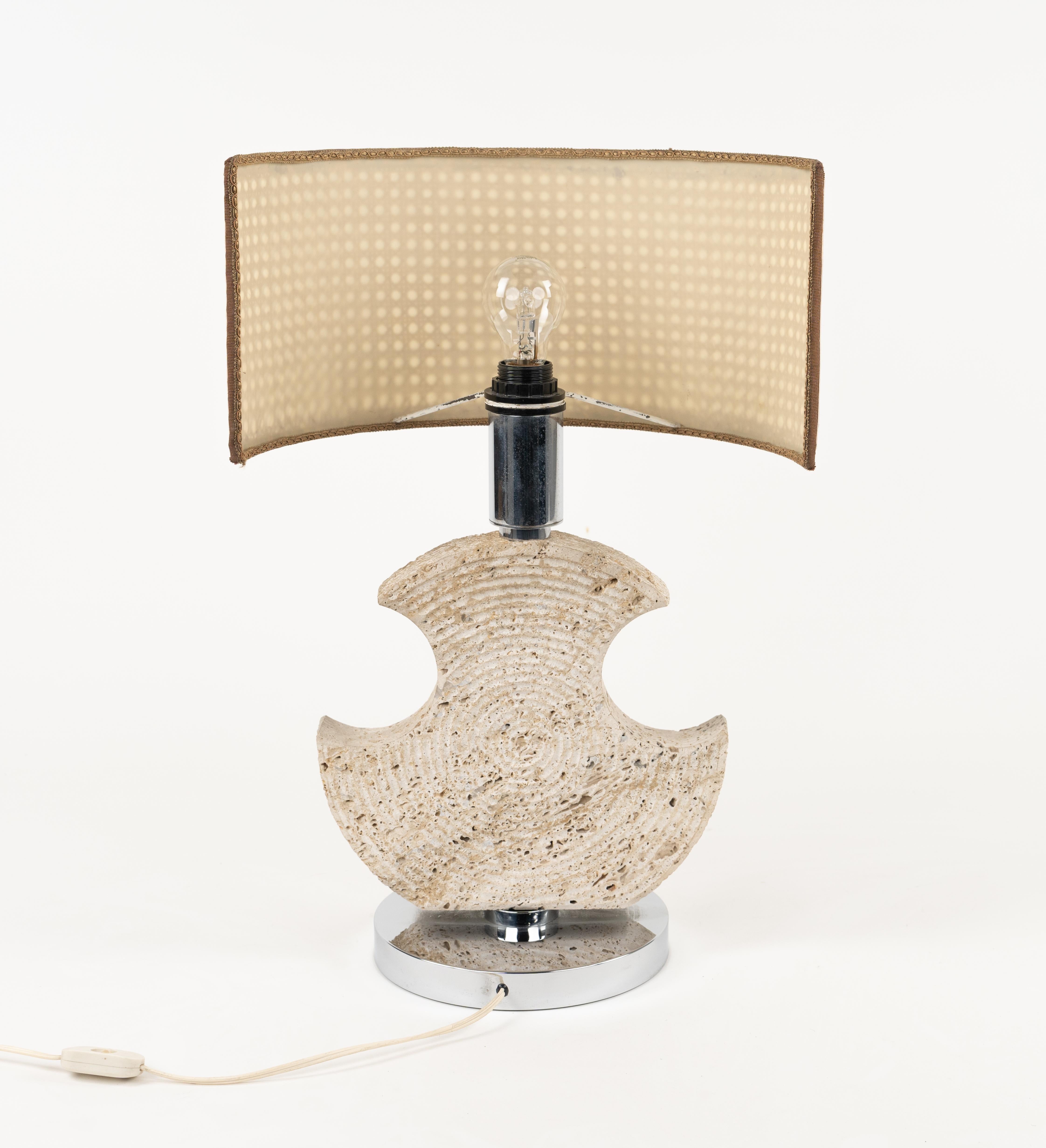 Midcentury Table Lamp in Travertine and Chrome by Studio CE. VA. Italy 1970s 1