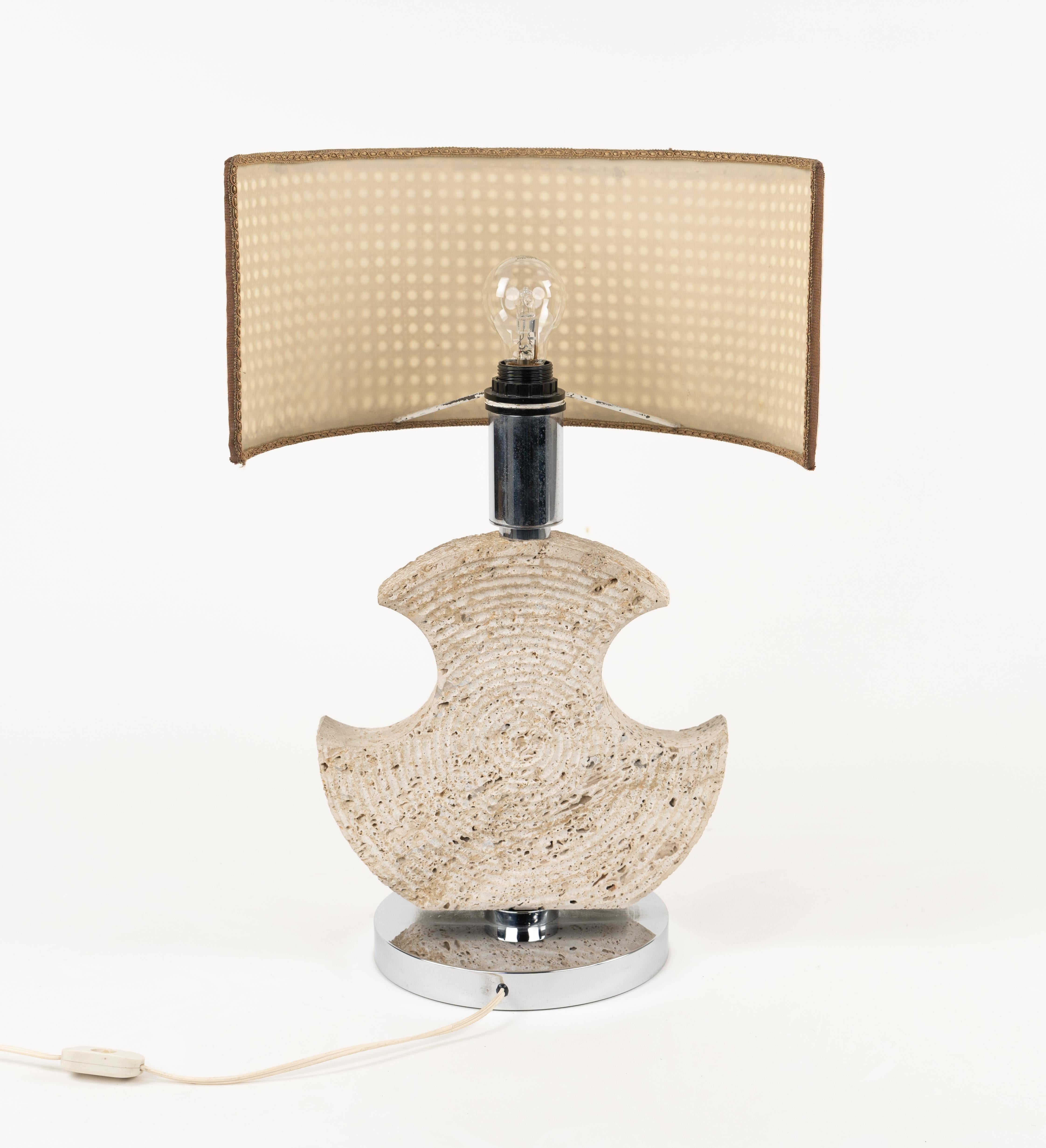 Midcentury Table Lamp in Travertine and Chrome by Studio CE. VA. Italy 1970s For Sale 1