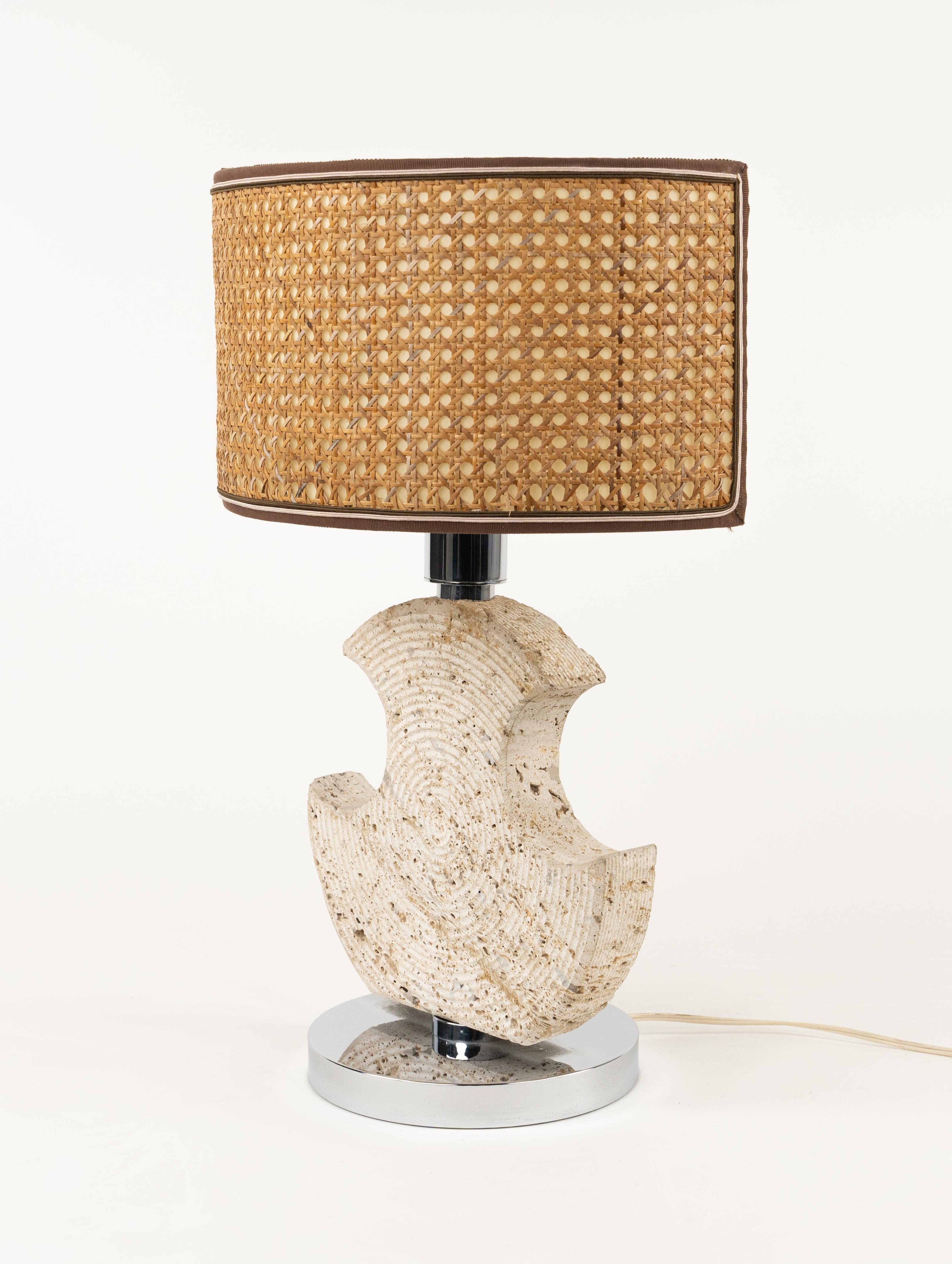 Midcentury Table Lamp in Travertine and Chrome by Studio CE. VA. Italy 1970s For Sale 2