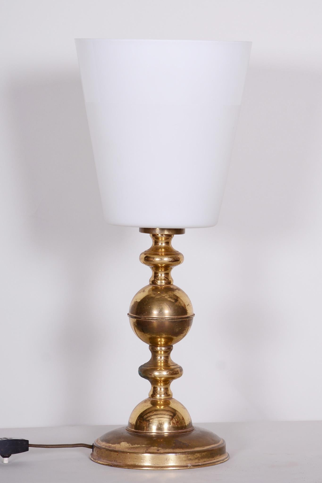 Mid-Century Modern Midcentury Table Lamp, Milk Glass and Brass, Fully Functional, Czechia, 1960s For Sale