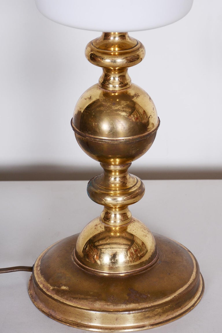 Midcentury Table Lamp, Milk Glass and Brass, Fully Functional, Czechia