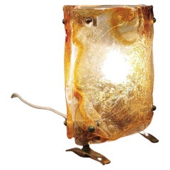 Midcentury Table Lamp Murano Glass Brass Lighting Curved Italian Design, 1960s