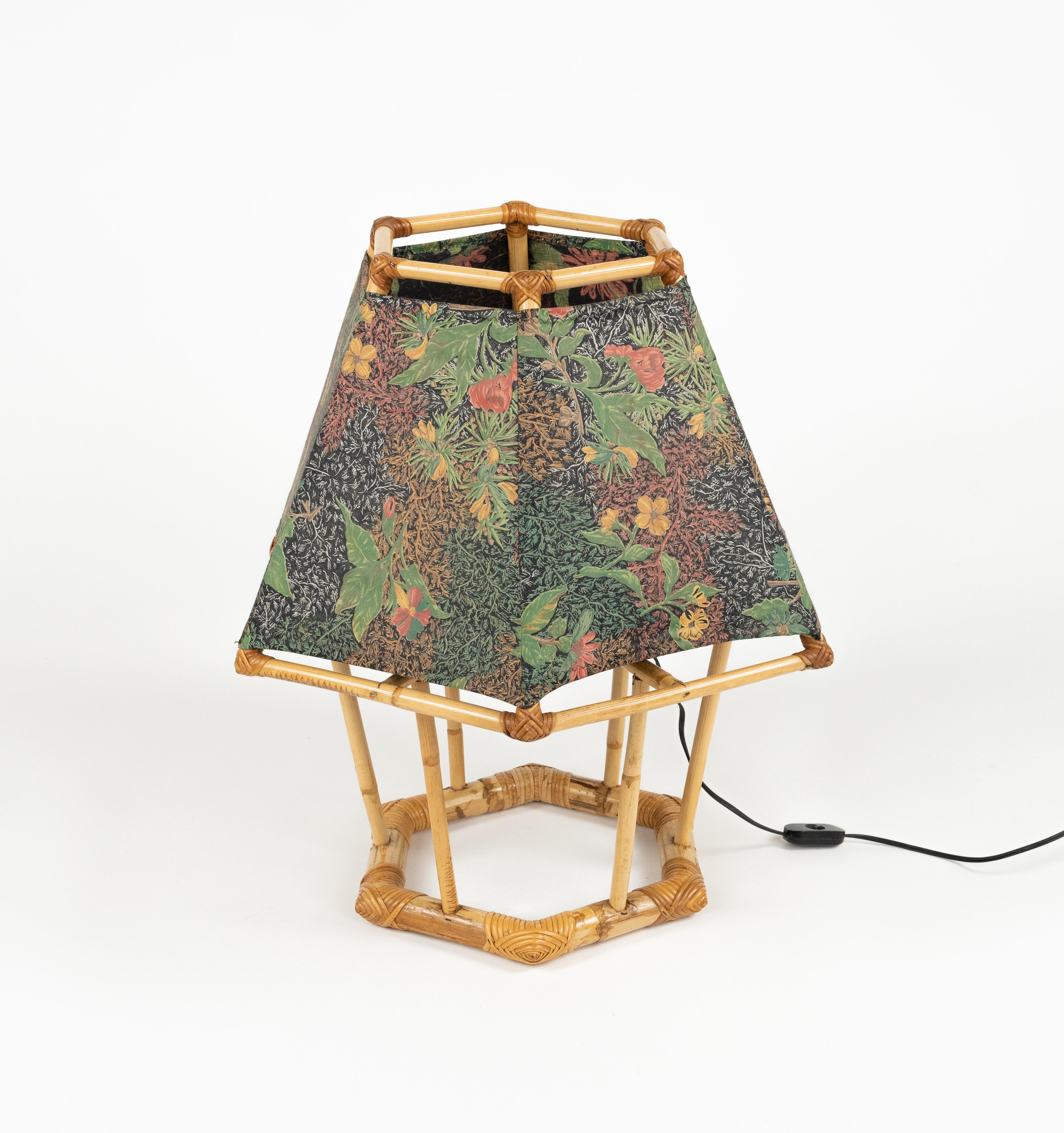 Late 20th Century Midcentury Table Lamp Rattan and Bamboo Louis Sognot Style, Italy 1970s For Sale