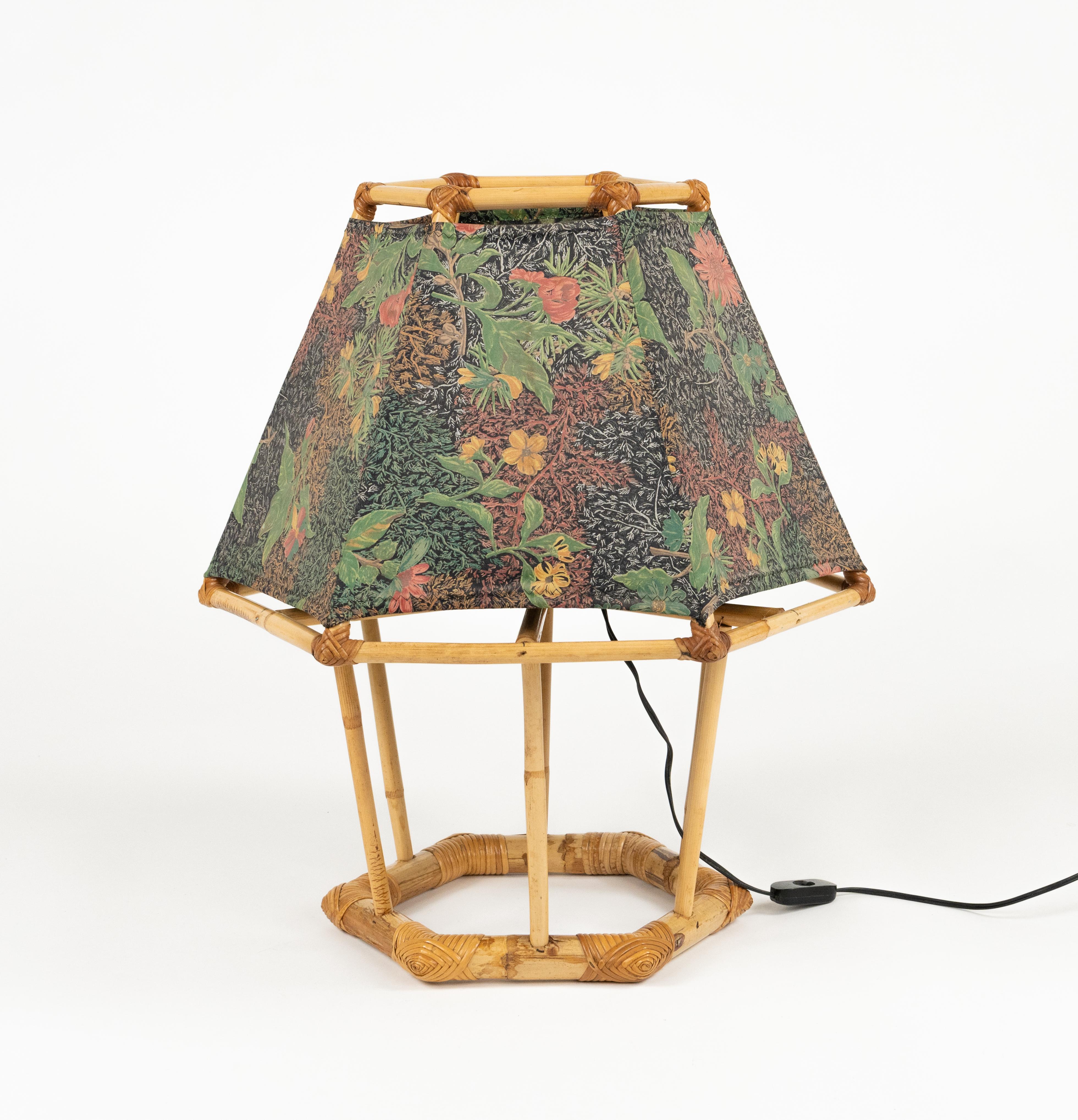 Fabric Midcentury Table Lamp Rattan and Bamboo Louis Sognot Style, Italy 1970s For Sale