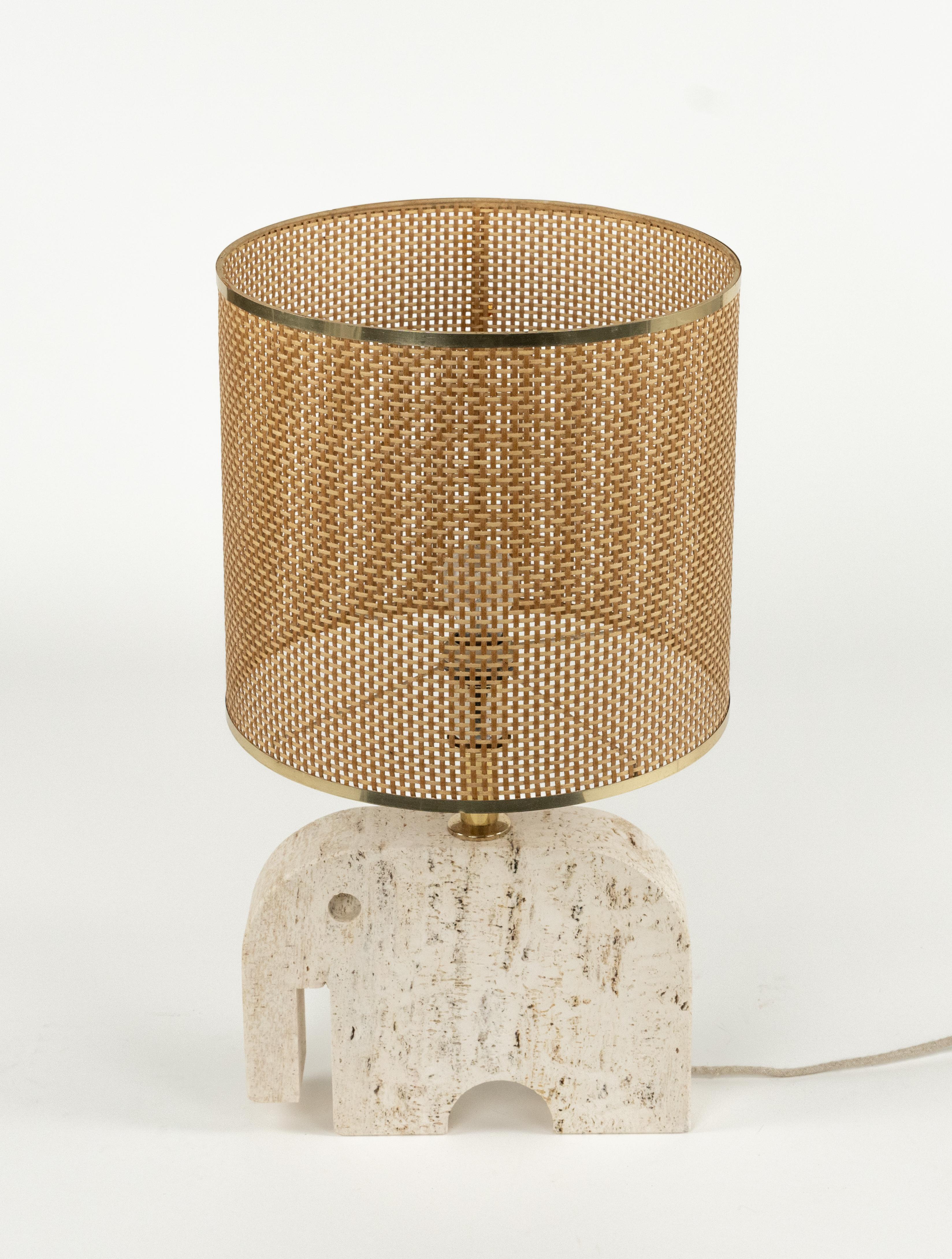 Midcentury Table Lamp Sculpture Elephant in Travertine and Wicker, Italy 1970s For Sale 3