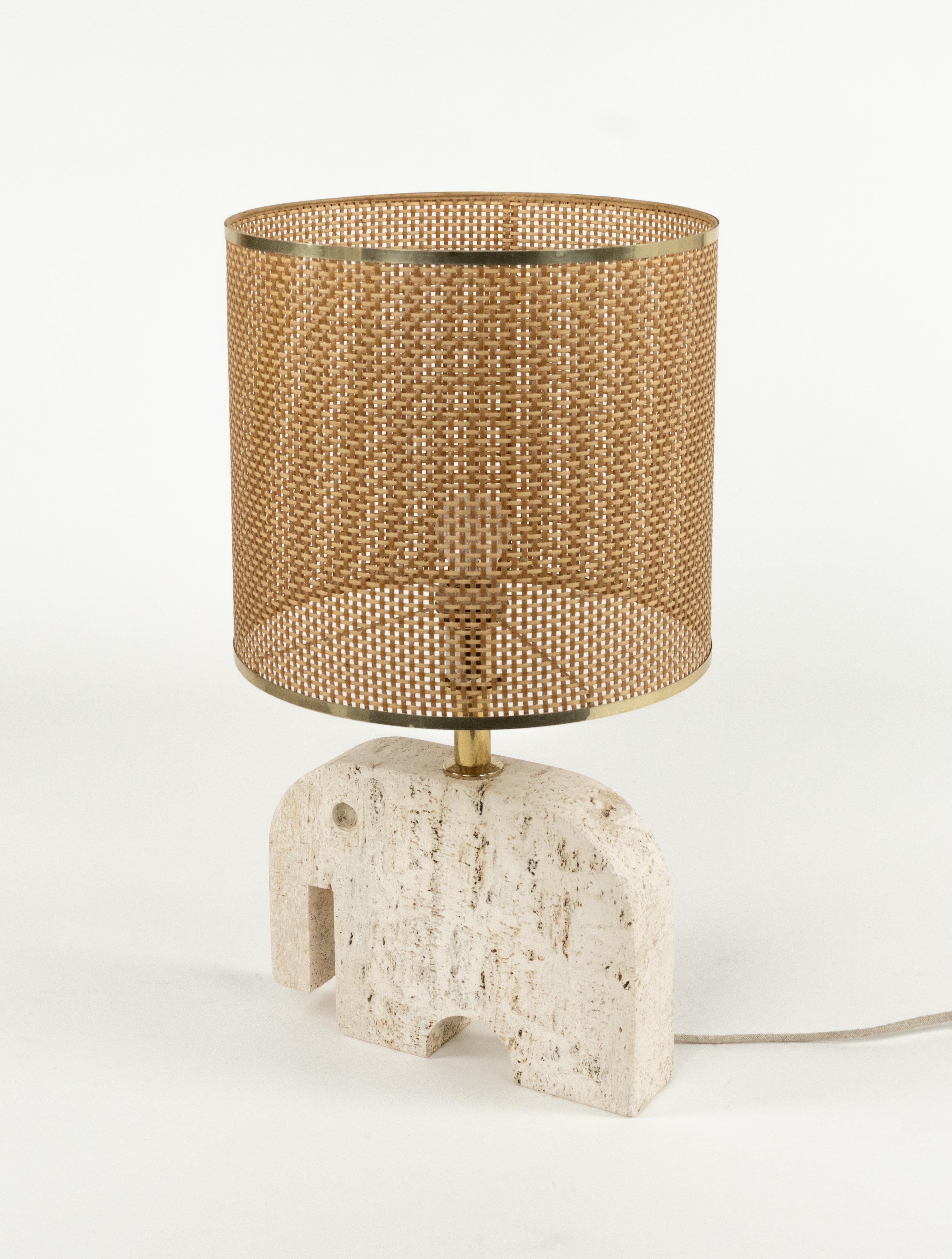 Midcentury Table Lamp Sculpture Elephant in Travertine and Wicker, Italy 1970s For Sale 5
