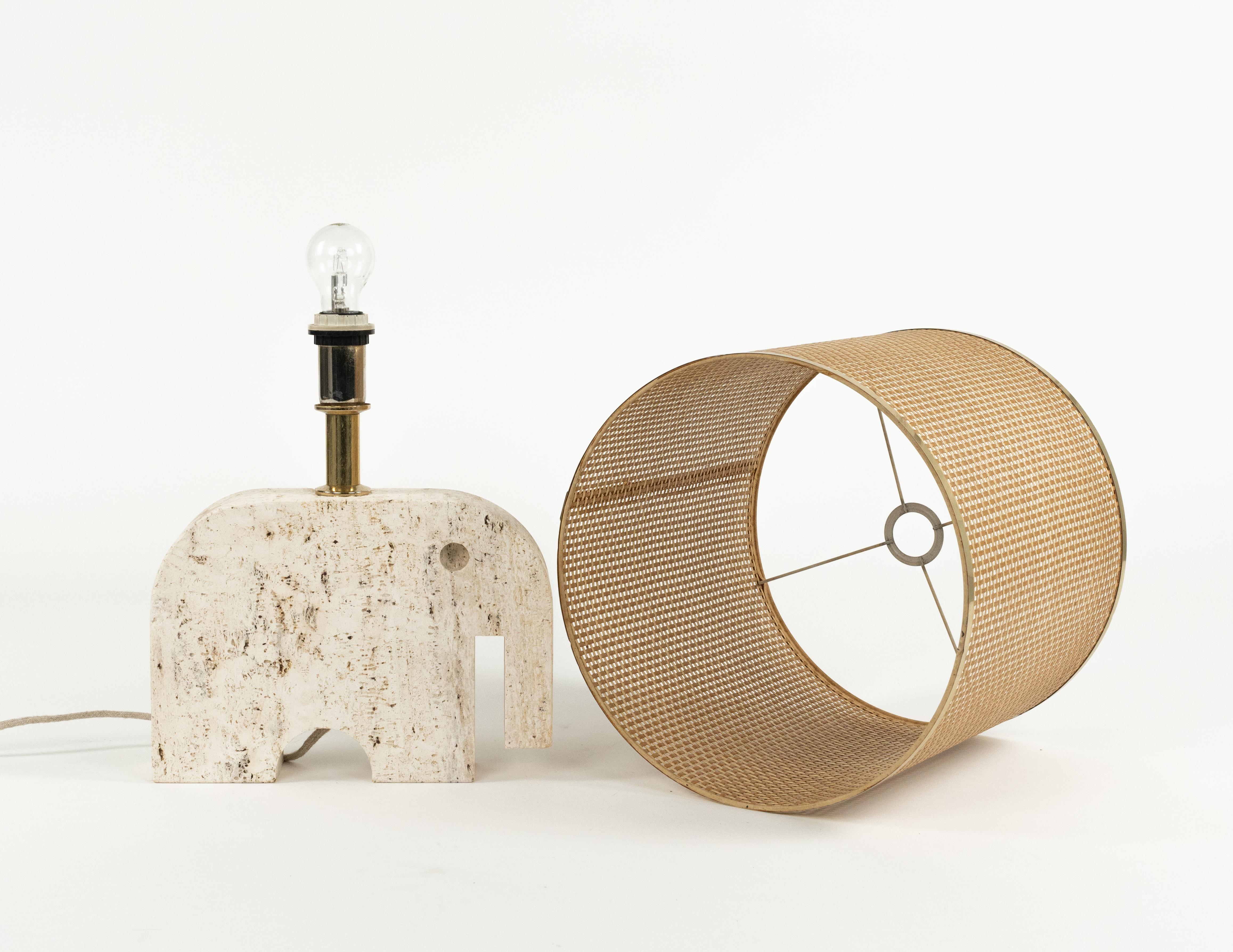 Midcentury Table Lamp Sculpture Elephant in Travertine and Wicker, Italy 1970s For Sale 8