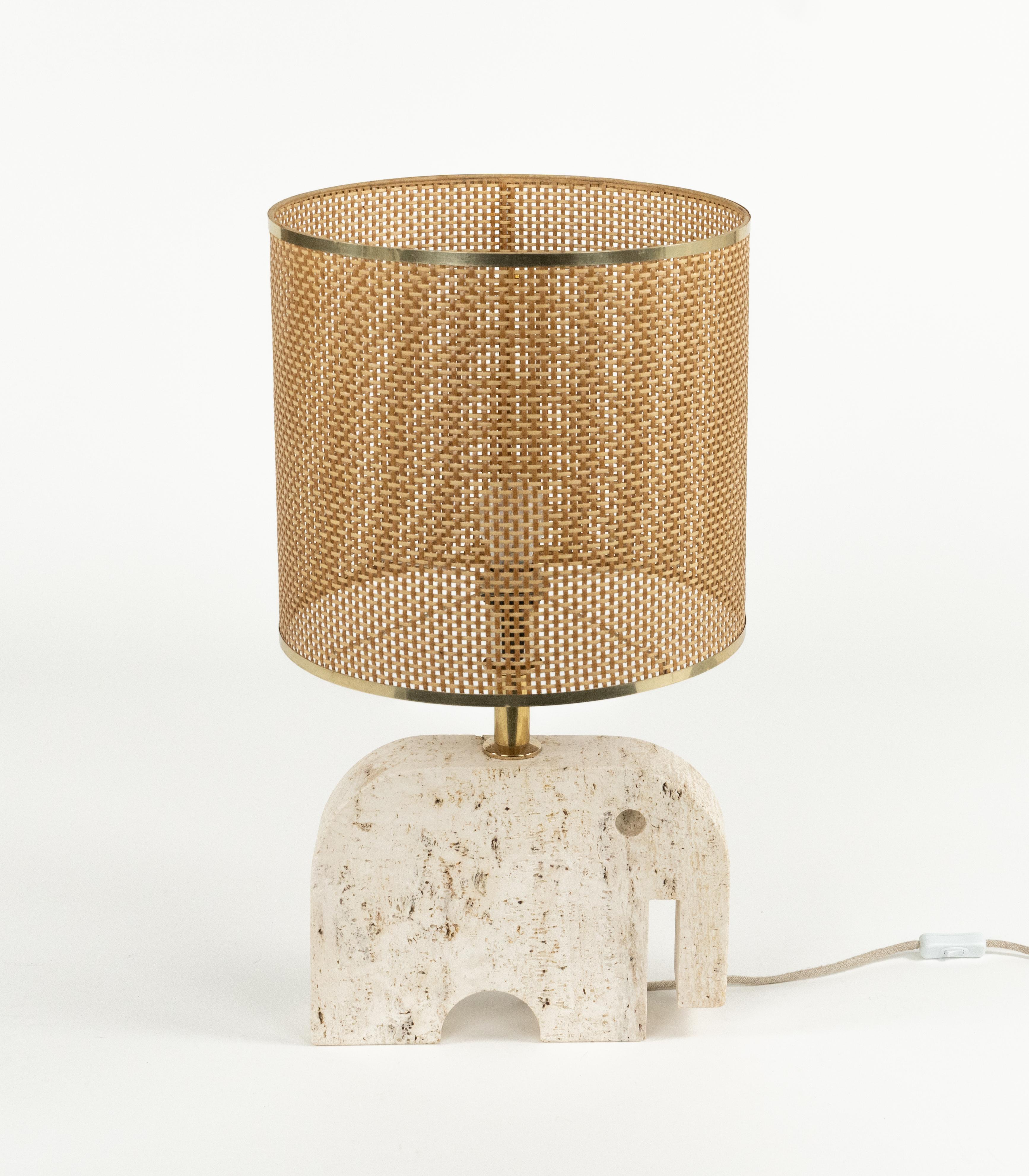Mid-Century Modern Midcentury Table Lamp Sculpture Elephant in Travertine and Wicker, Italy 1970s For Sale