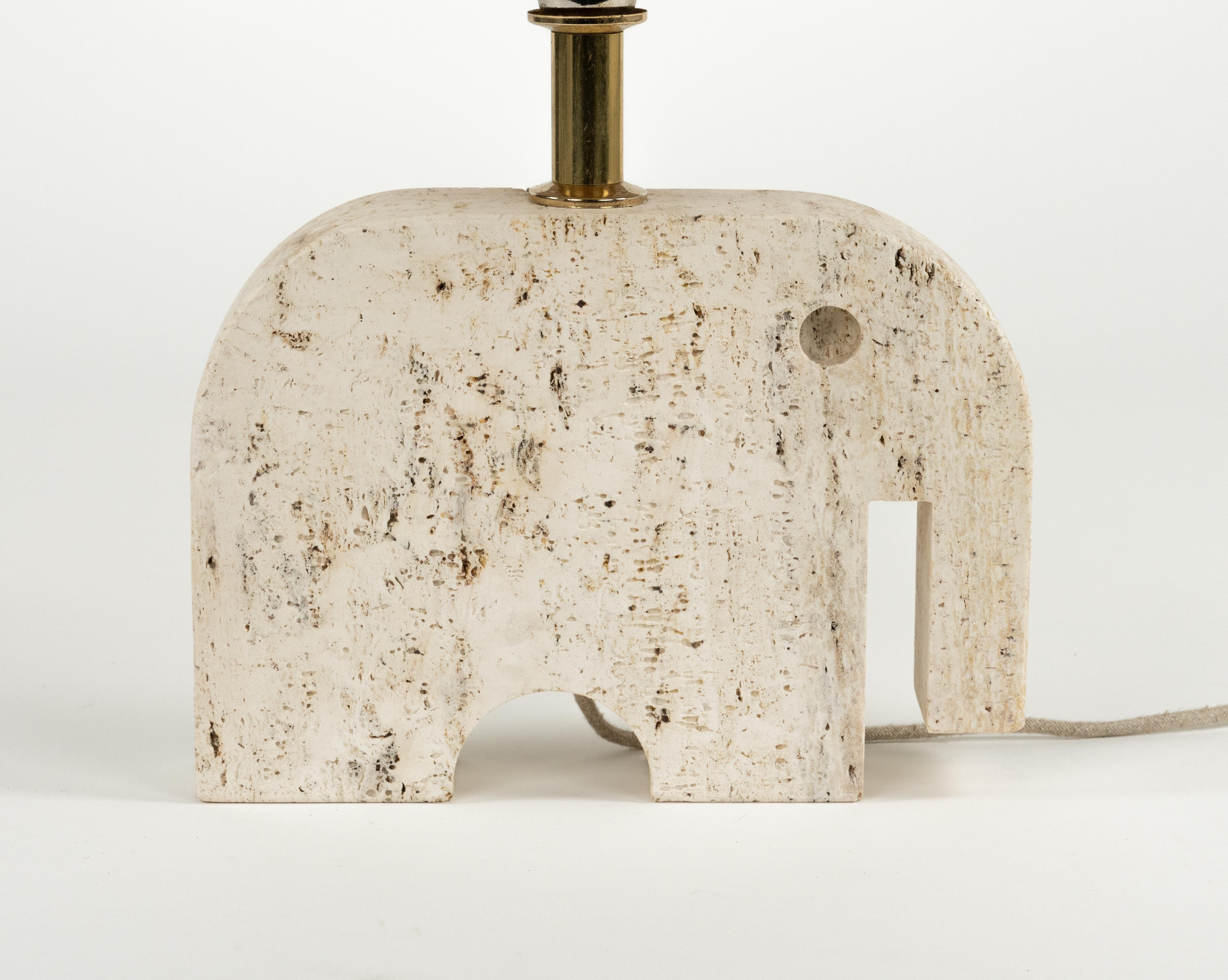 Italian Midcentury Table Lamp Sculpture Elephant in Travertine and Wicker, Italy 1970s For Sale