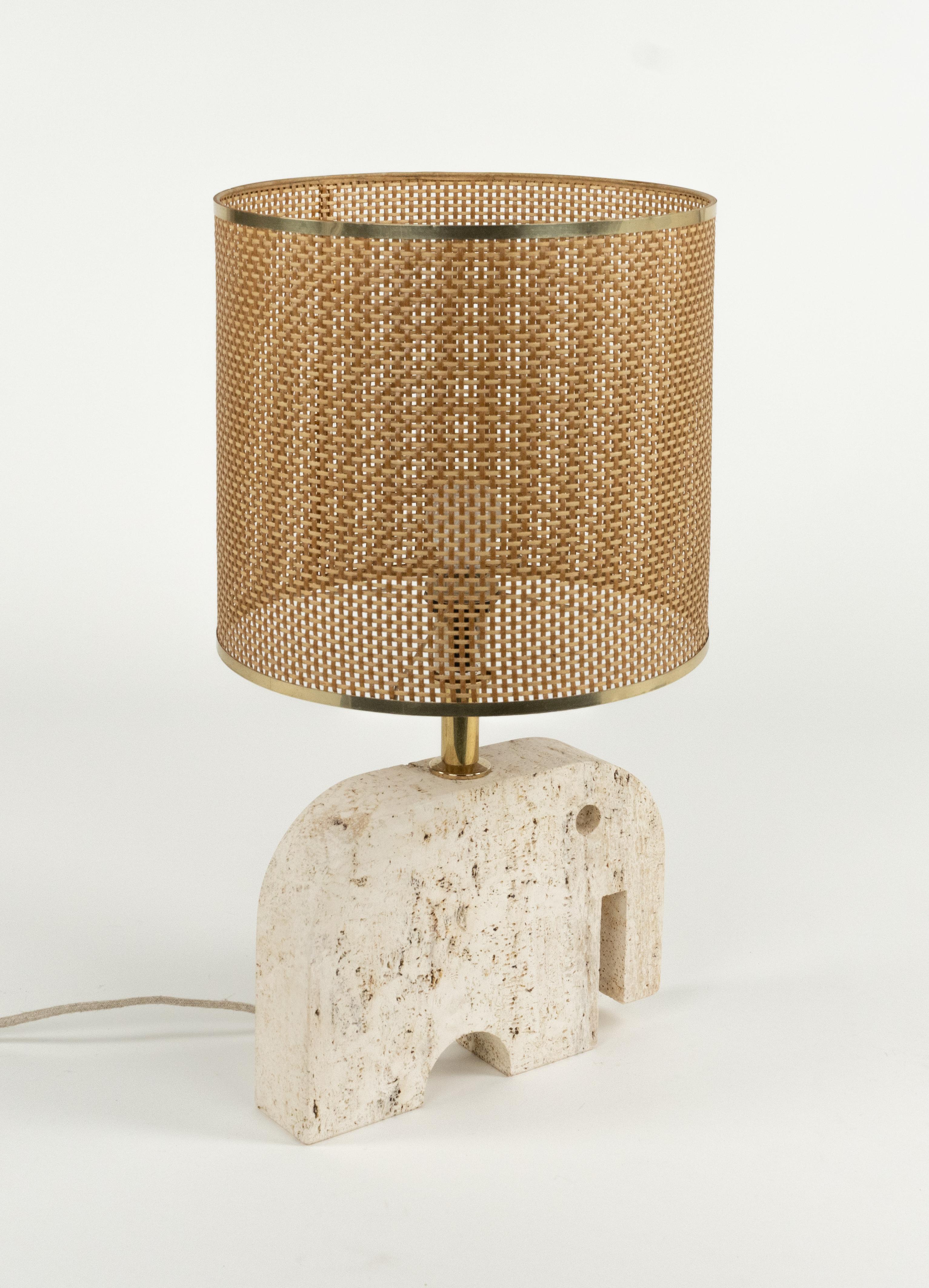 Late 20th Century Midcentury Table Lamp Sculpture Elephant in Travertine and Wicker, Italy 1970s For Sale
