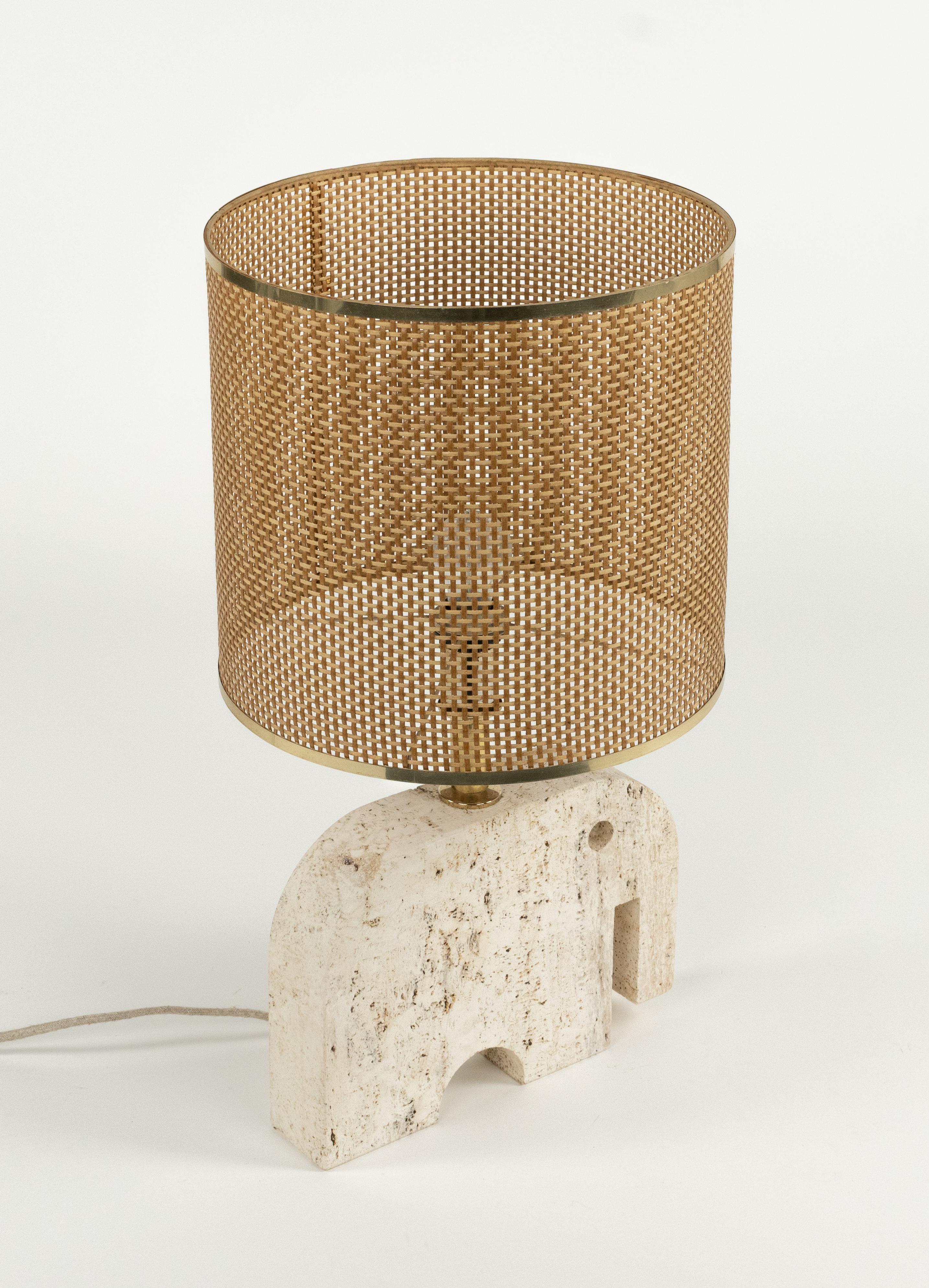 Metal Midcentury Table Lamp Sculpture Elephant in Travertine and Wicker, Italy 1970s For Sale