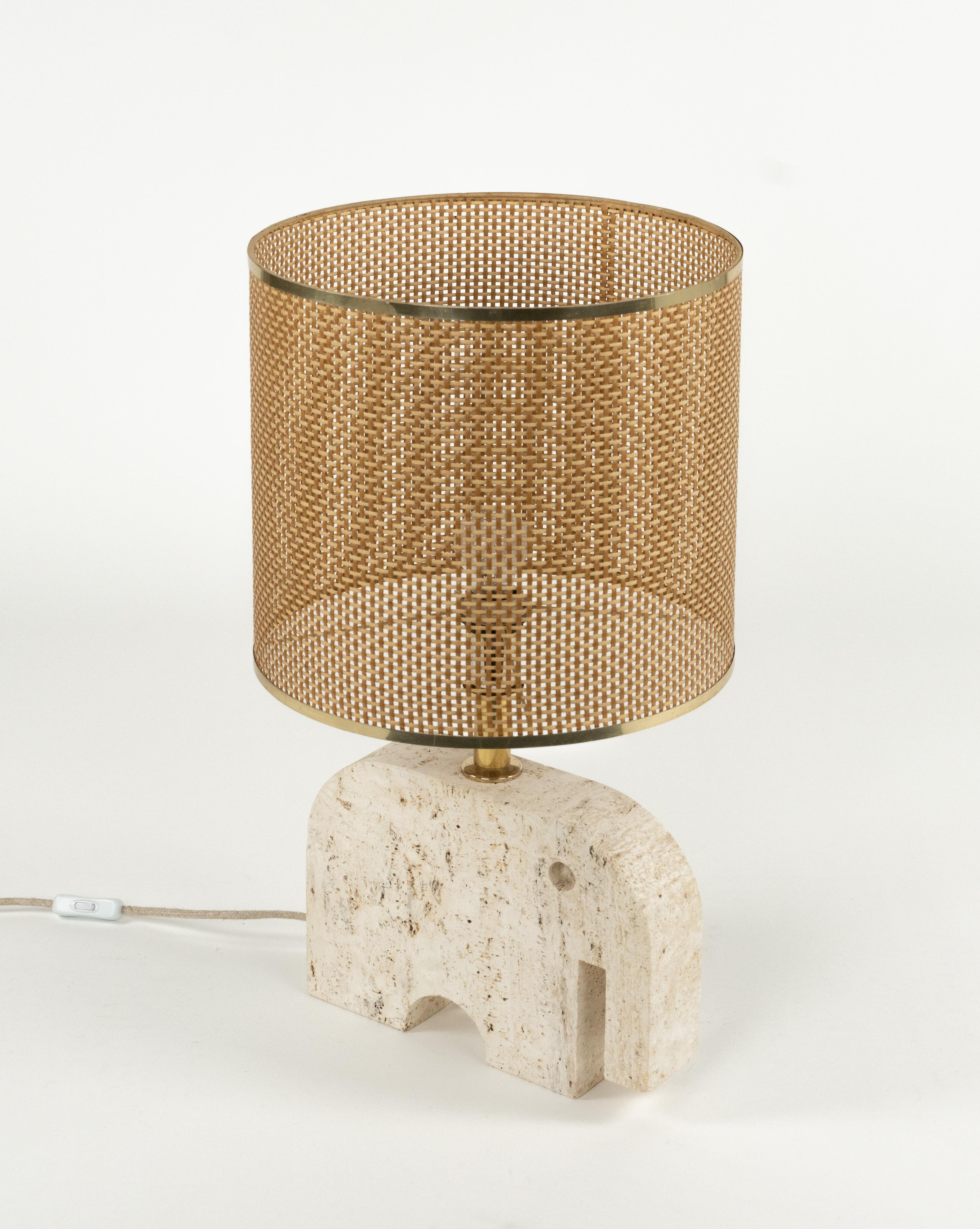 Midcentury Table Lamp Sculpture Elephant in Travertine and Wicker, Italy 1970s For Sale 2