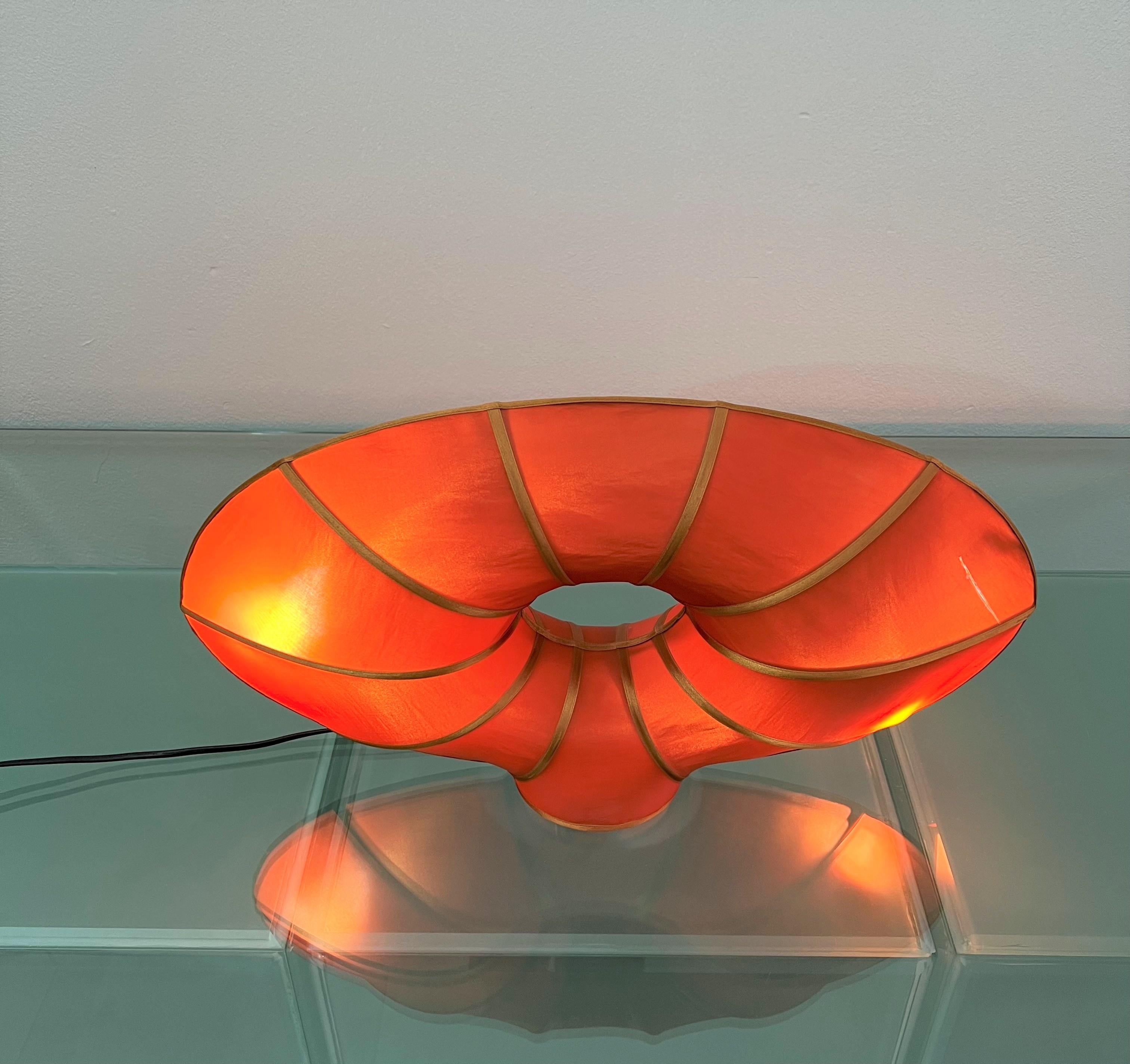 Midcentury Table Lamp Silk Metal Red Coral Lighting Italian Design, 1960s 3