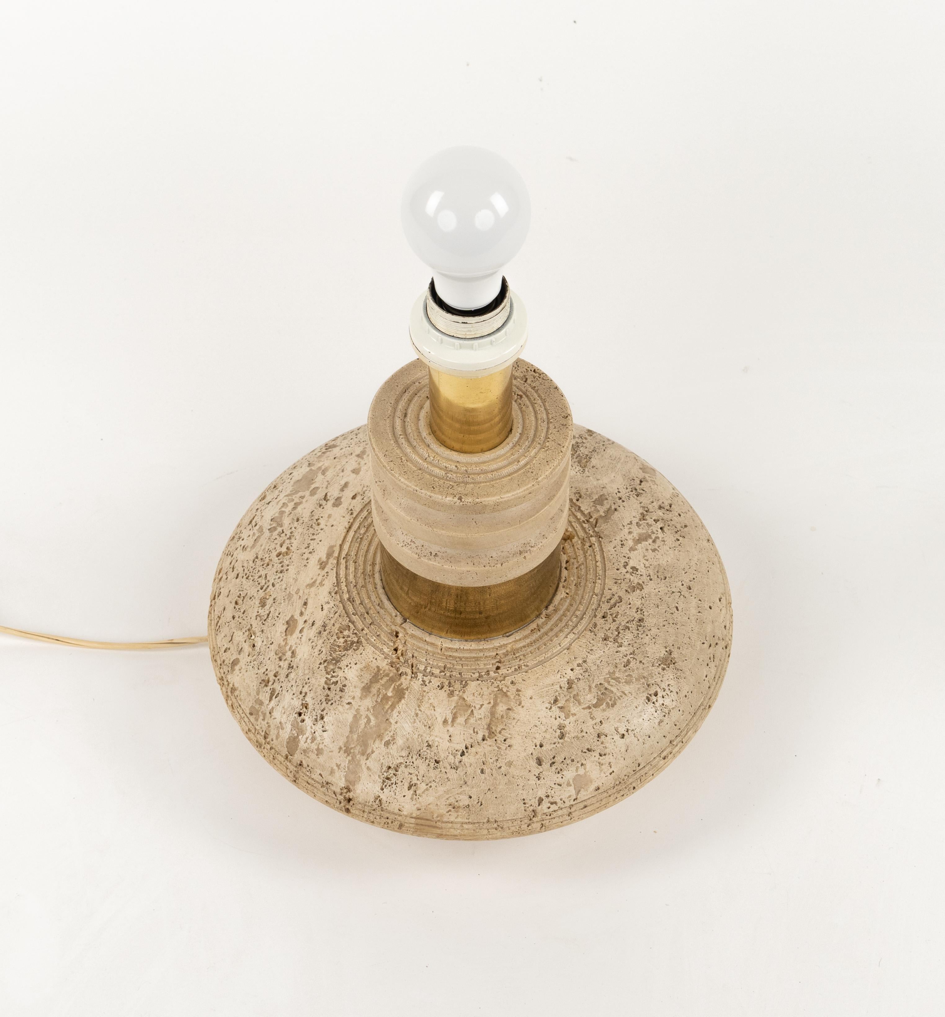 Late 20th Century Midcentury Table Lamp Travertine and Brass Fratelli Mannelli Style, Italy 1970s For Sale