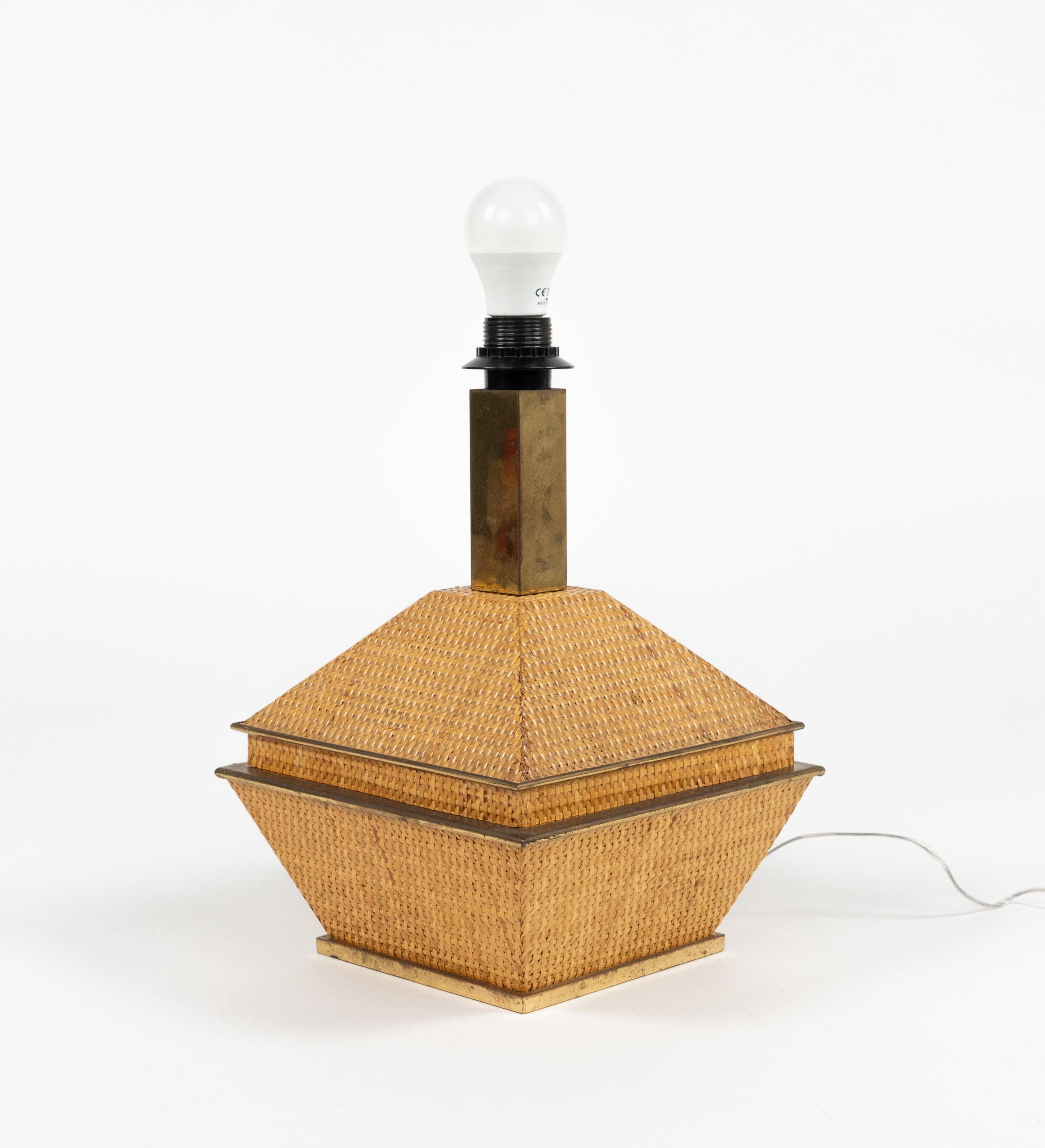Mid-Century Modern Midcentury Table Lamp Wicker and Brass Vivai Del Sud Style, Italy 1970s For Sale