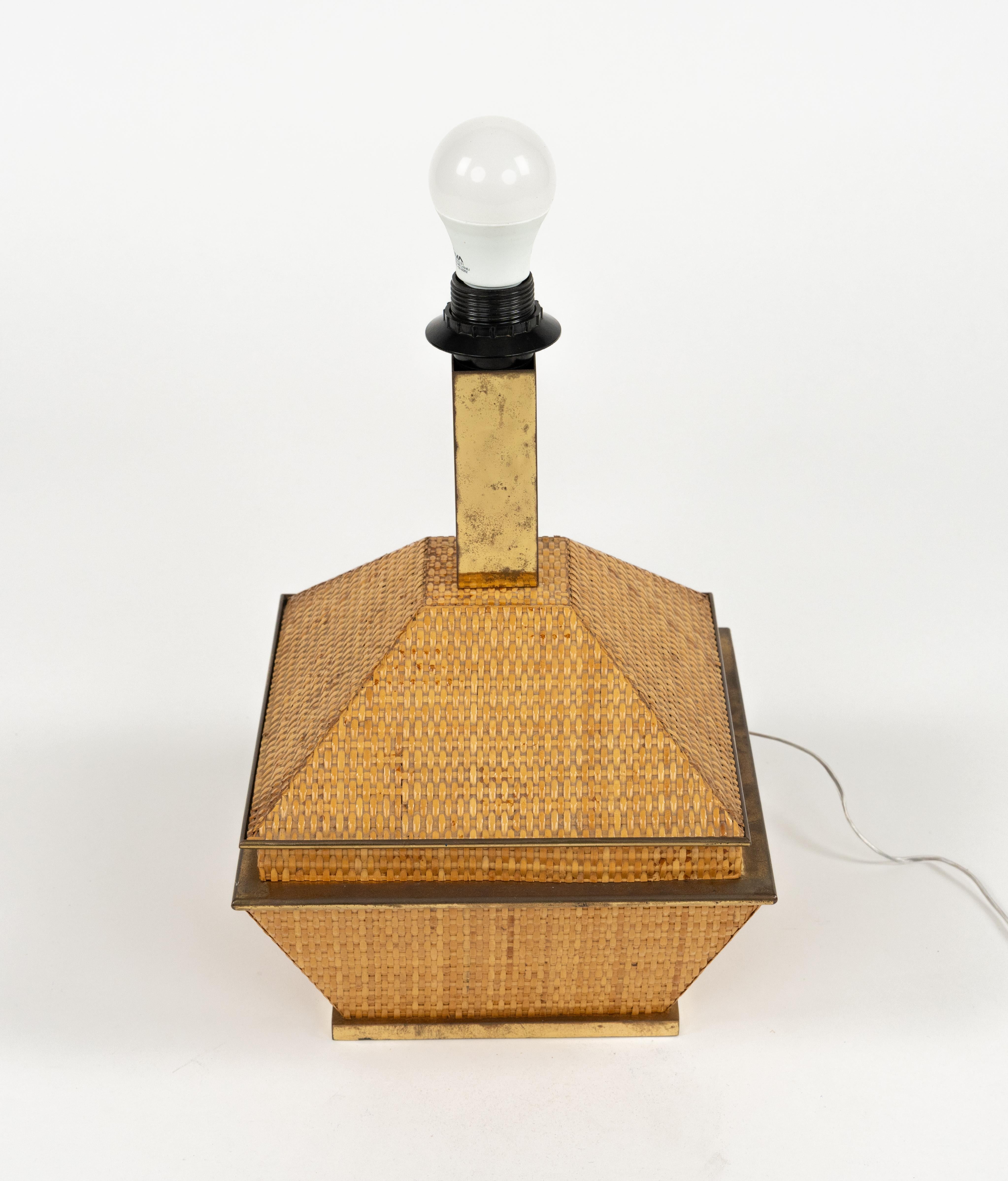 Late 20th Century Midcentury Table Lamp Wicker and Brass Vivai Del Sud Style, Italy 1970s For Sale