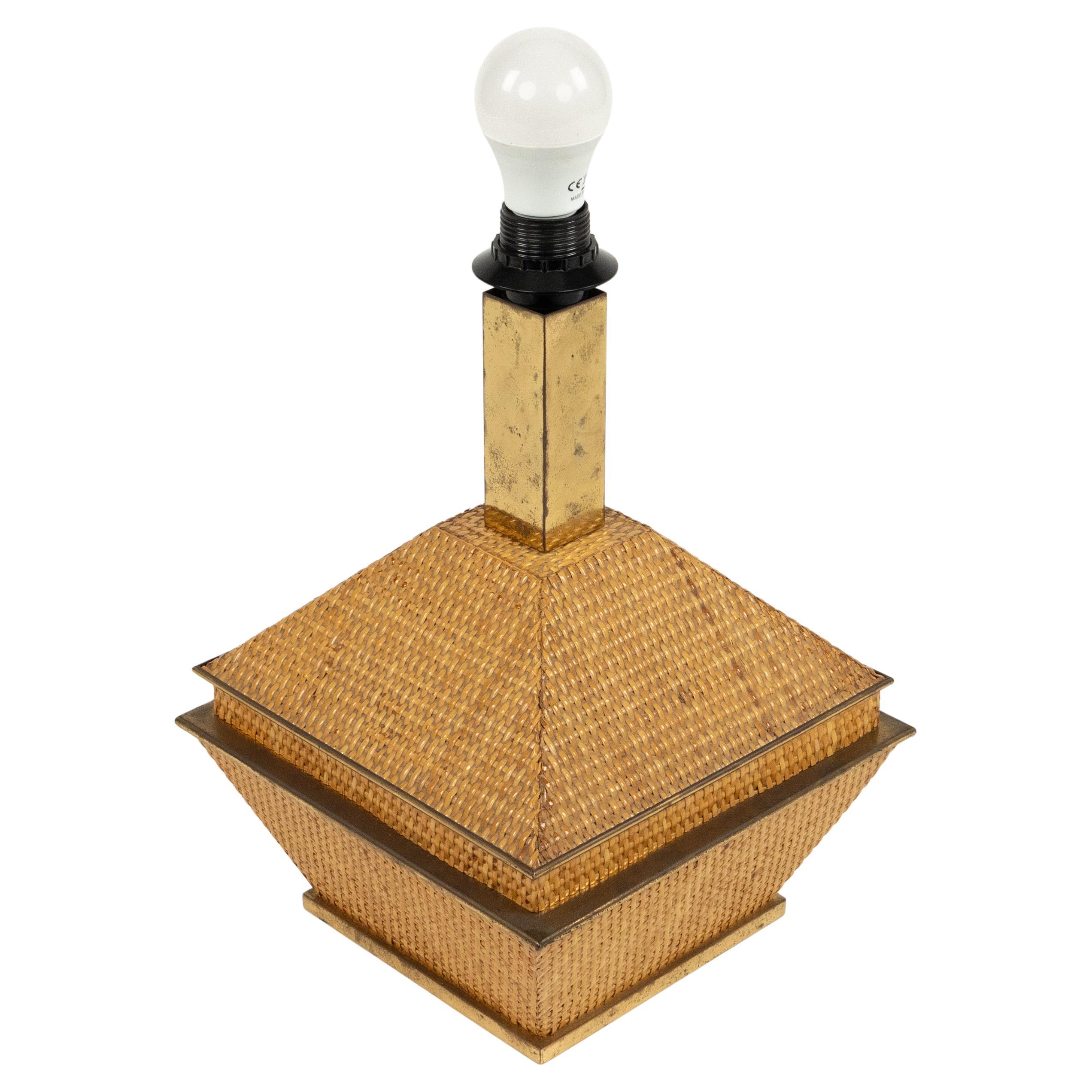 Midcentury Table Lamp Wicker and Brass Vivai Del Sud Style, Italy 1970s