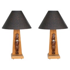 Midcentury Table Lamp with African Carving