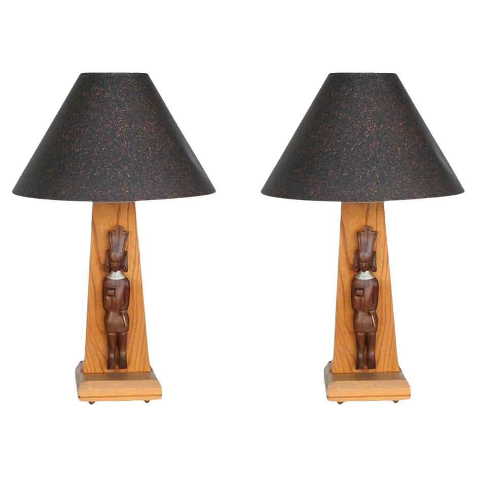 Midcentury Table Lamp with African Carving