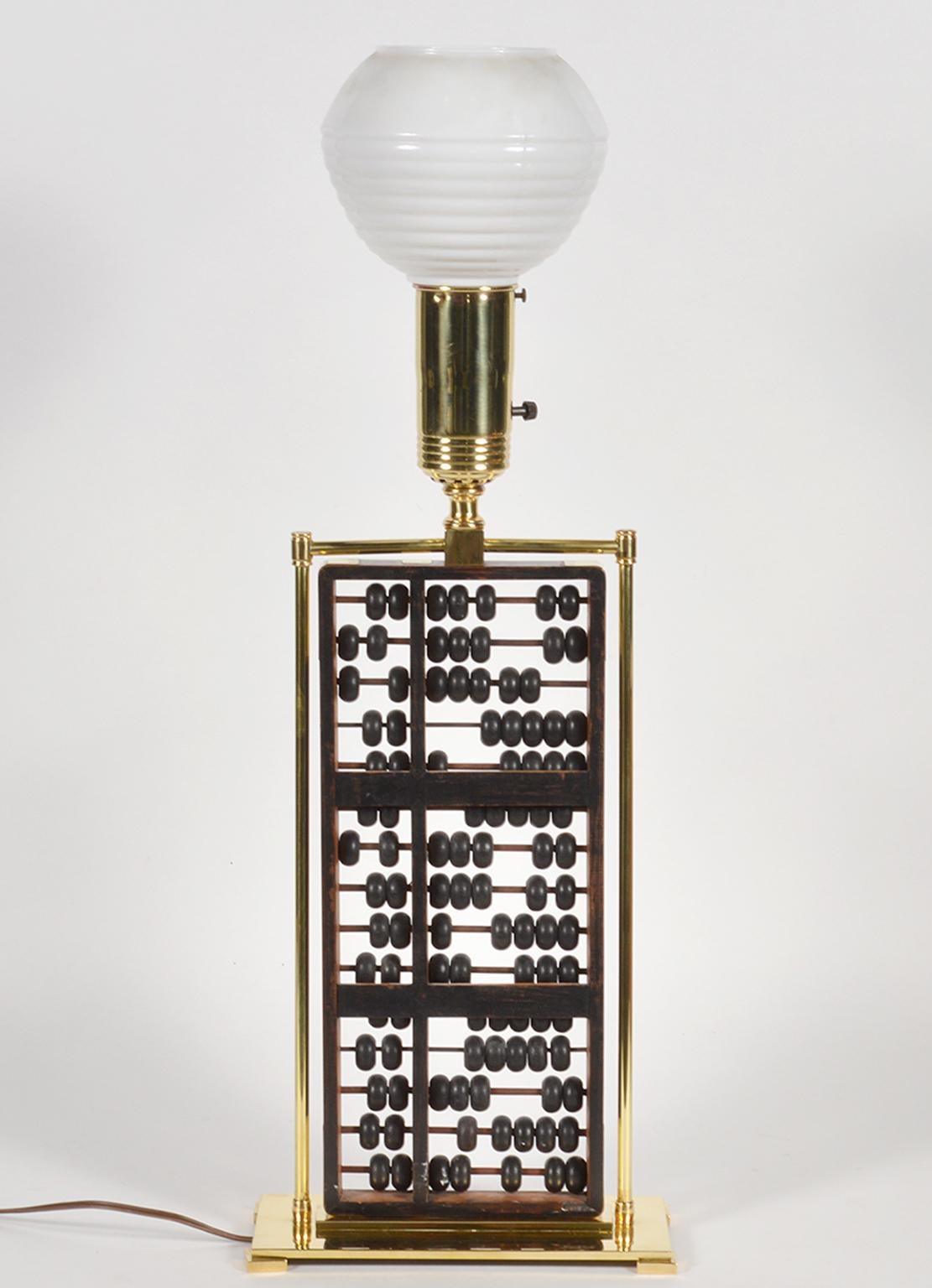 Midcentury Table Lamp with Antique Chinese Abacus in a Brass Frame Work In Good Condition In Ft. Lauderdale, FL