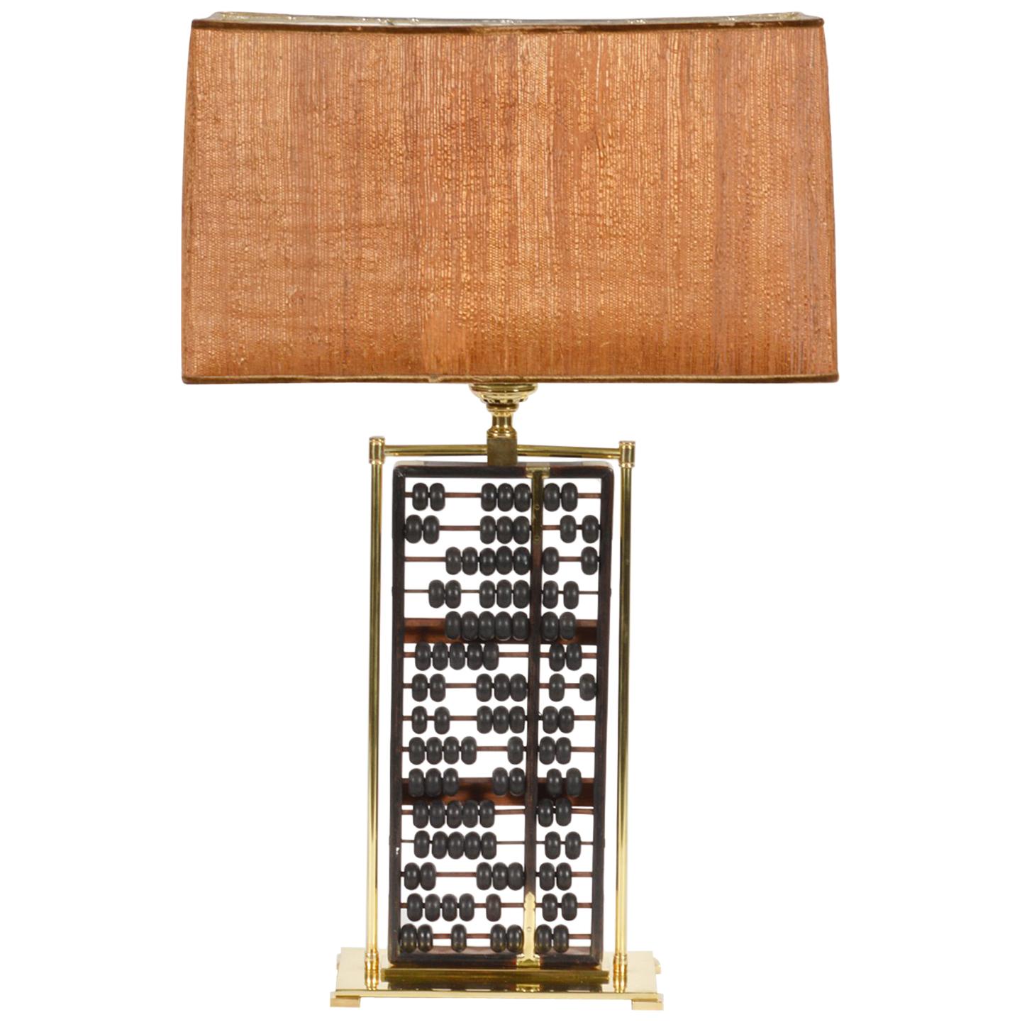 Midcentury Table Lamp with Antique Chinese Abacus in a Brass Frame Work
