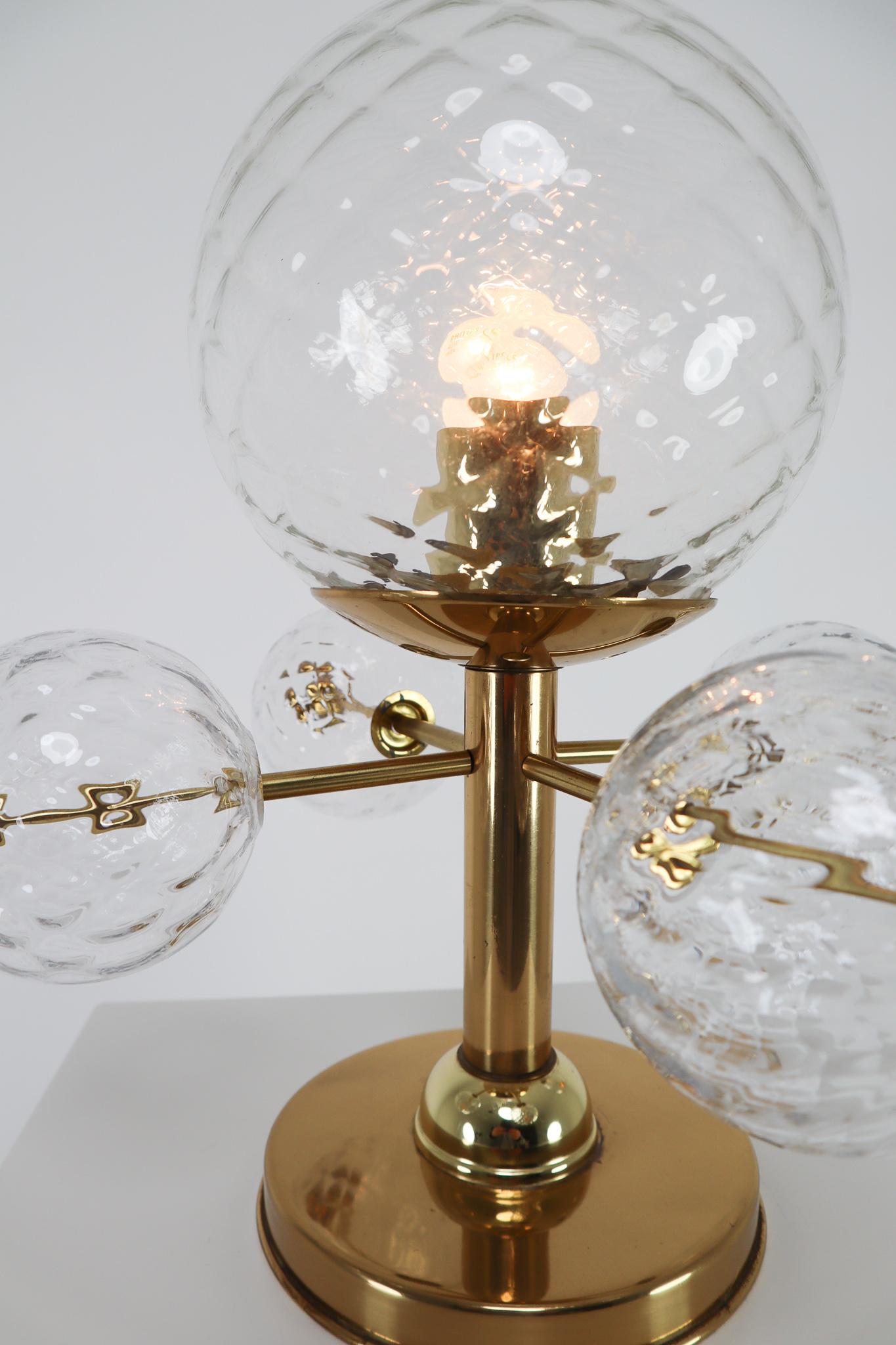 European Midcentury Table Lamp with Brass Fixture and Structured Glass, Europe, 1970s For Sale