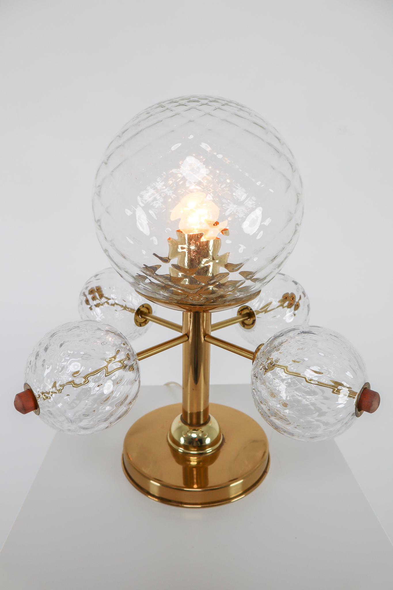 Late 20th Century Midcentury Table Lamp with Brass Fixture and Structured Glass, Europe, 1970s For Sale
