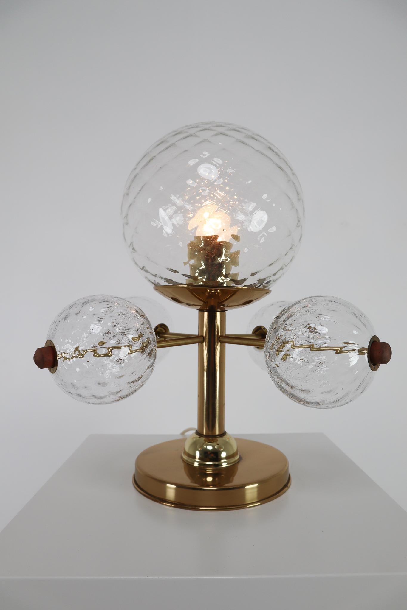 Midcentury Table Lamp with Brass Fixture and Structured Glass, Europe, 1970s For Sale 2